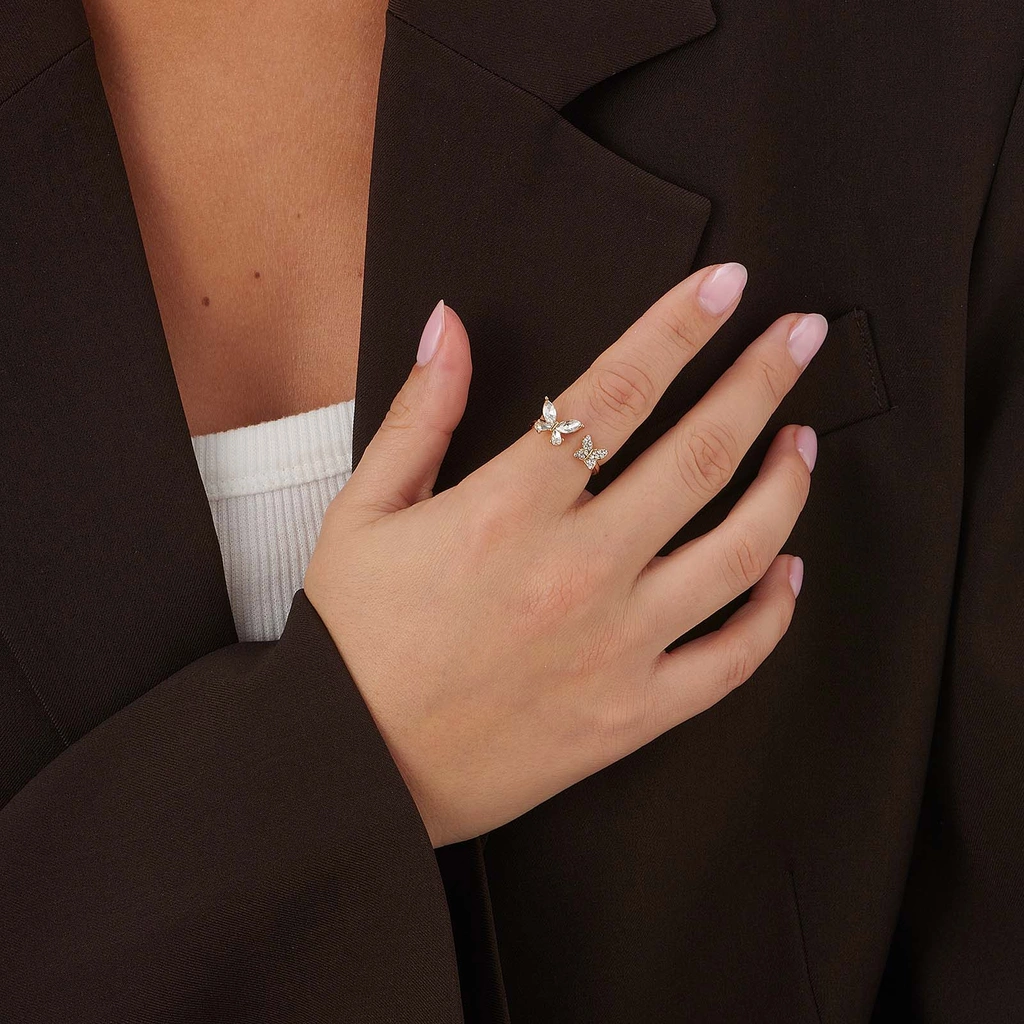 Guldfärgad ring med två fjärilar & vita stenar - 17