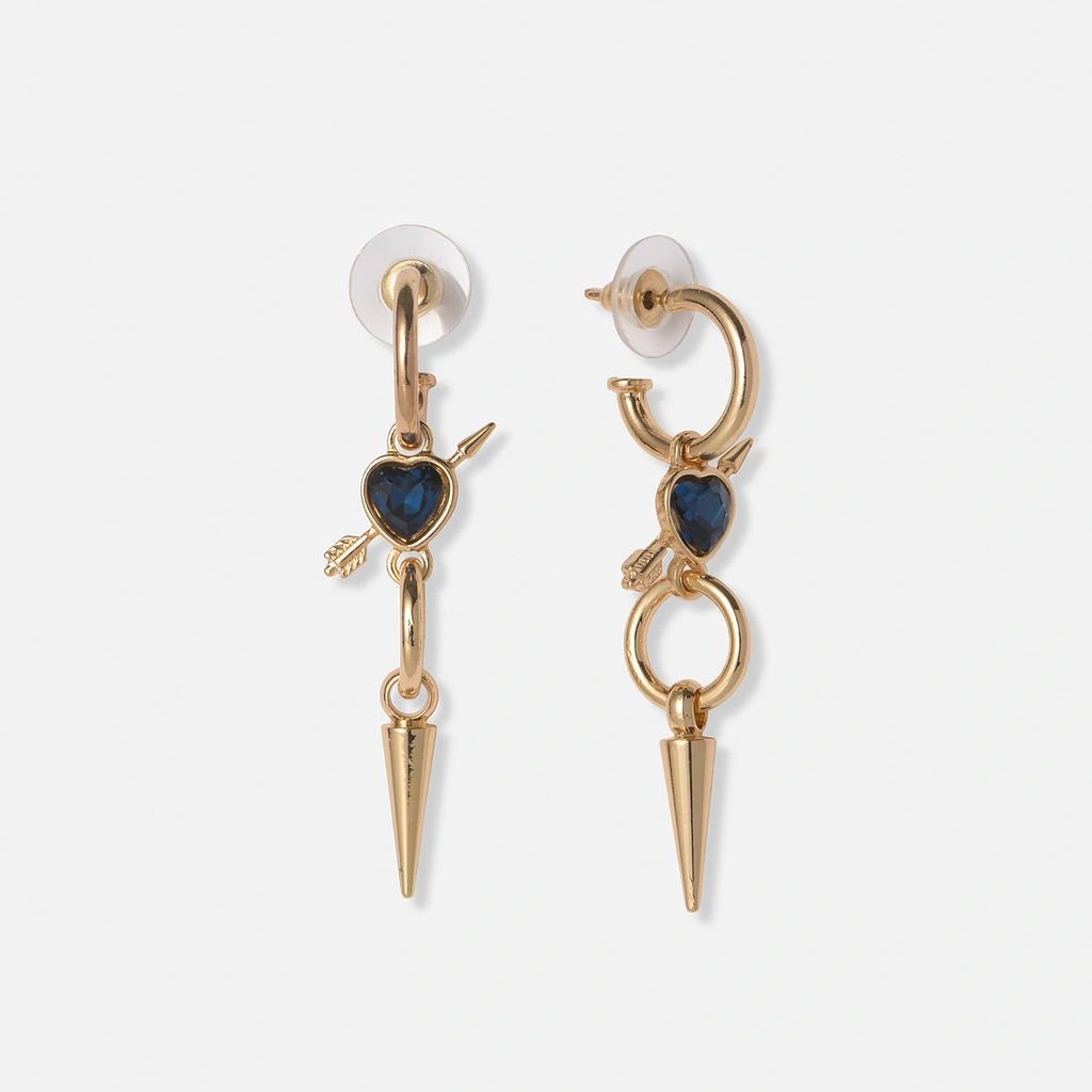 Guldfärgade örhängen, blått hjärta med pil - 50mm