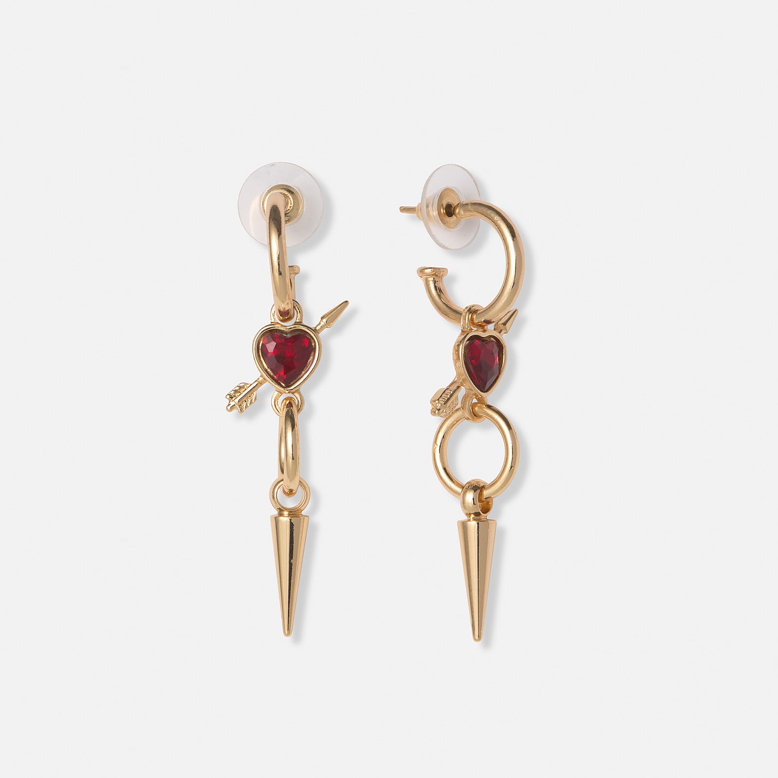 Guldfärgade örhängen, rött hjärta med pil - 50mm