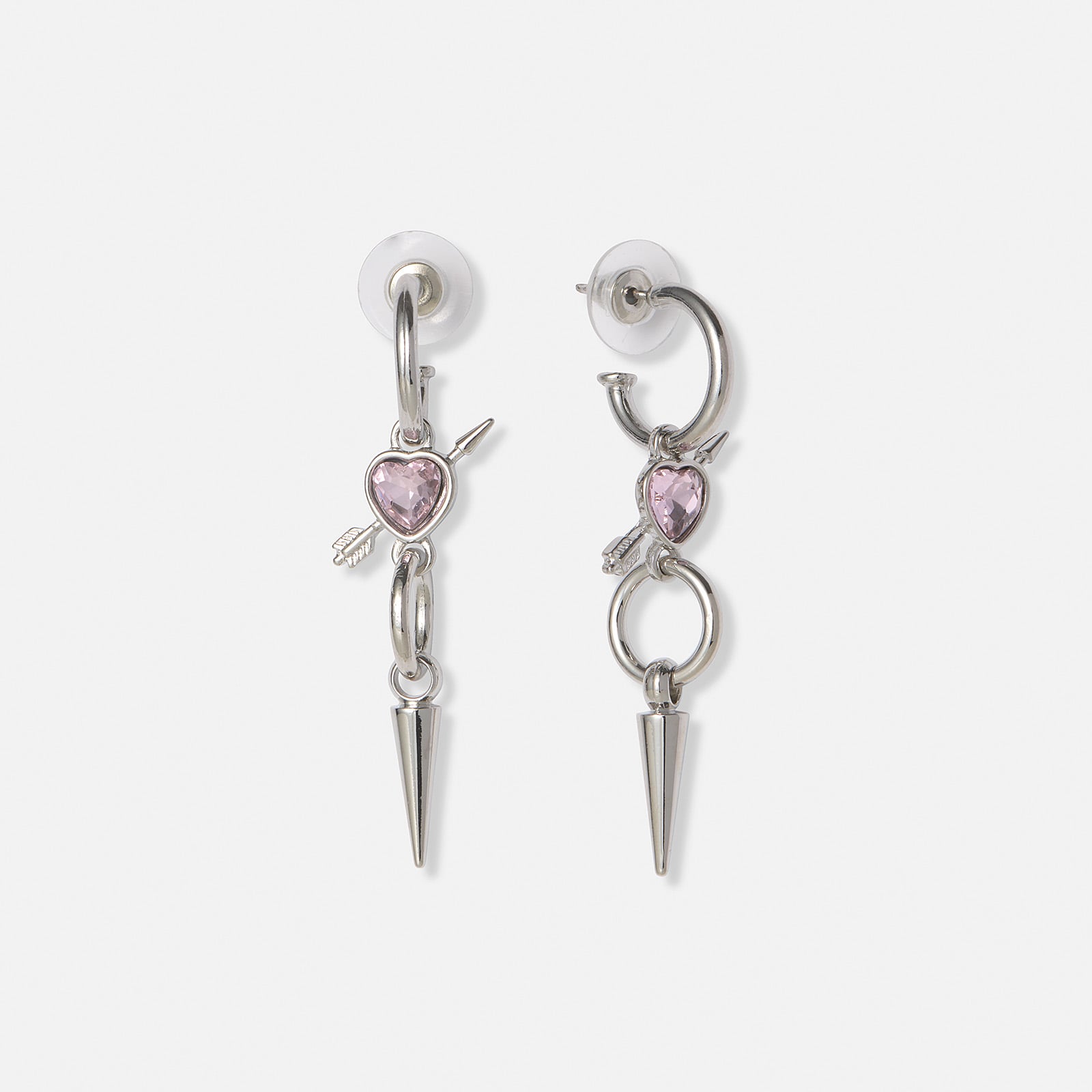 Silverfärgade örhängen, rosa hjärta med pil - 50mm