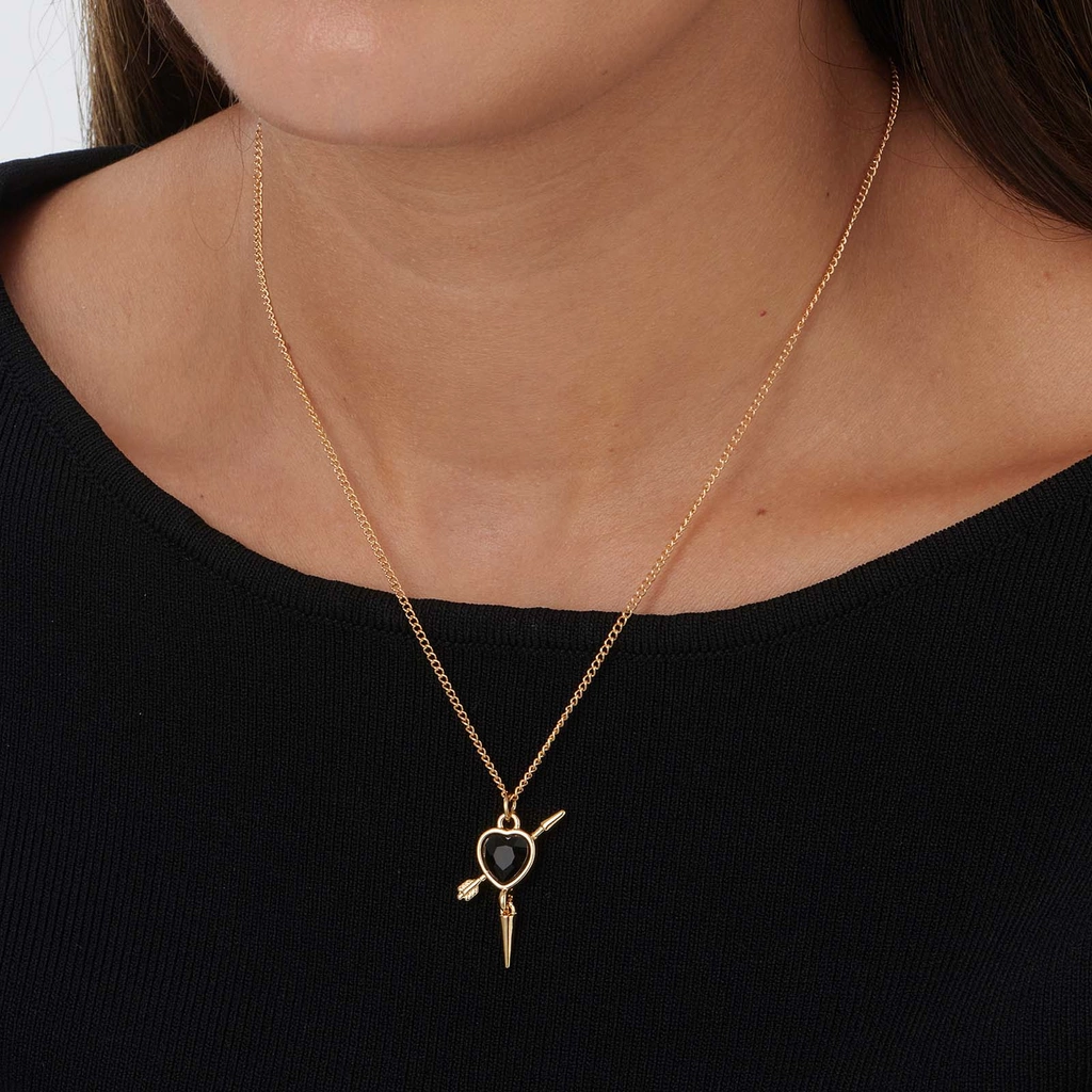 Guldfärgat halsband, svart hjärta med nit - 42+7cm