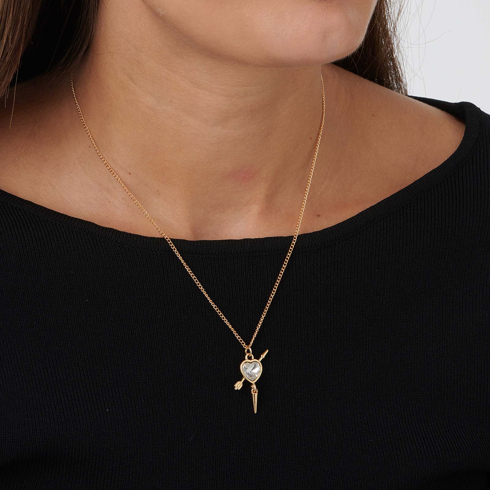 Guldfärgat halsband, vitt hjärta med nit - 42+7cm