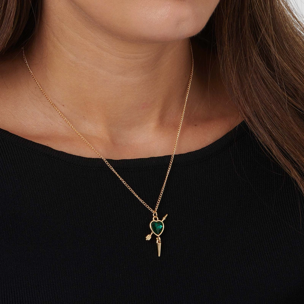 Guldfärgat halsband, grönt hjärta med nit - 42+7cm