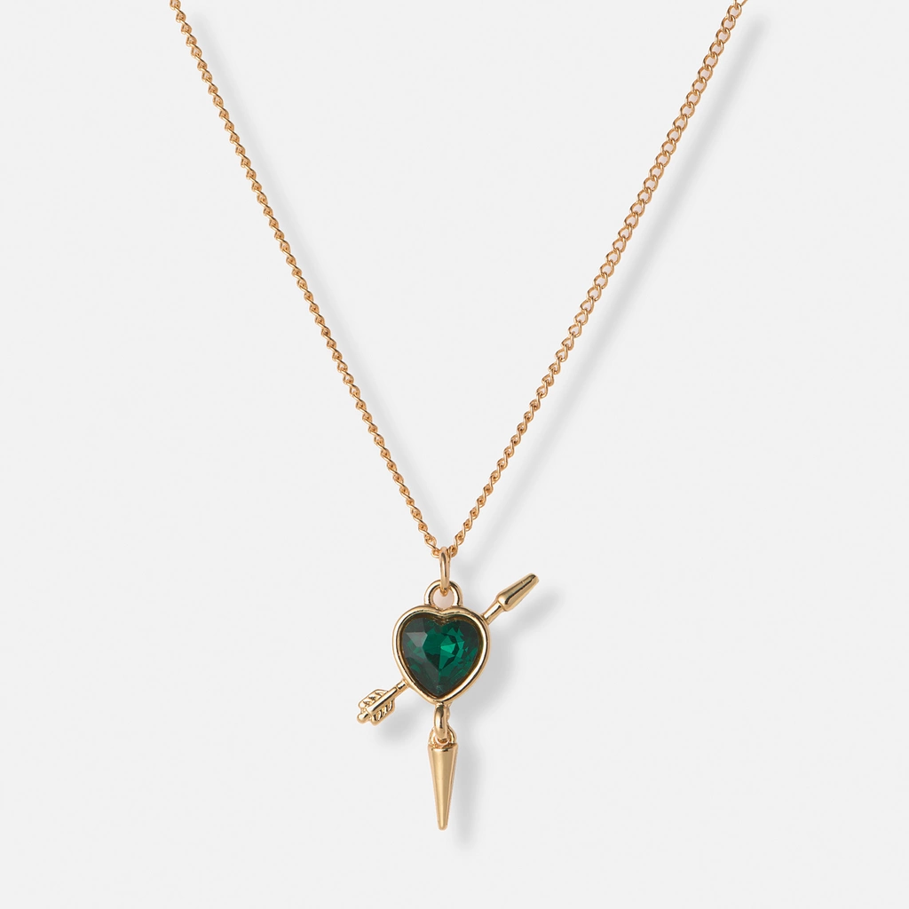 Guldfärgat halsband, grönt hjärta med nit - 42+7cm