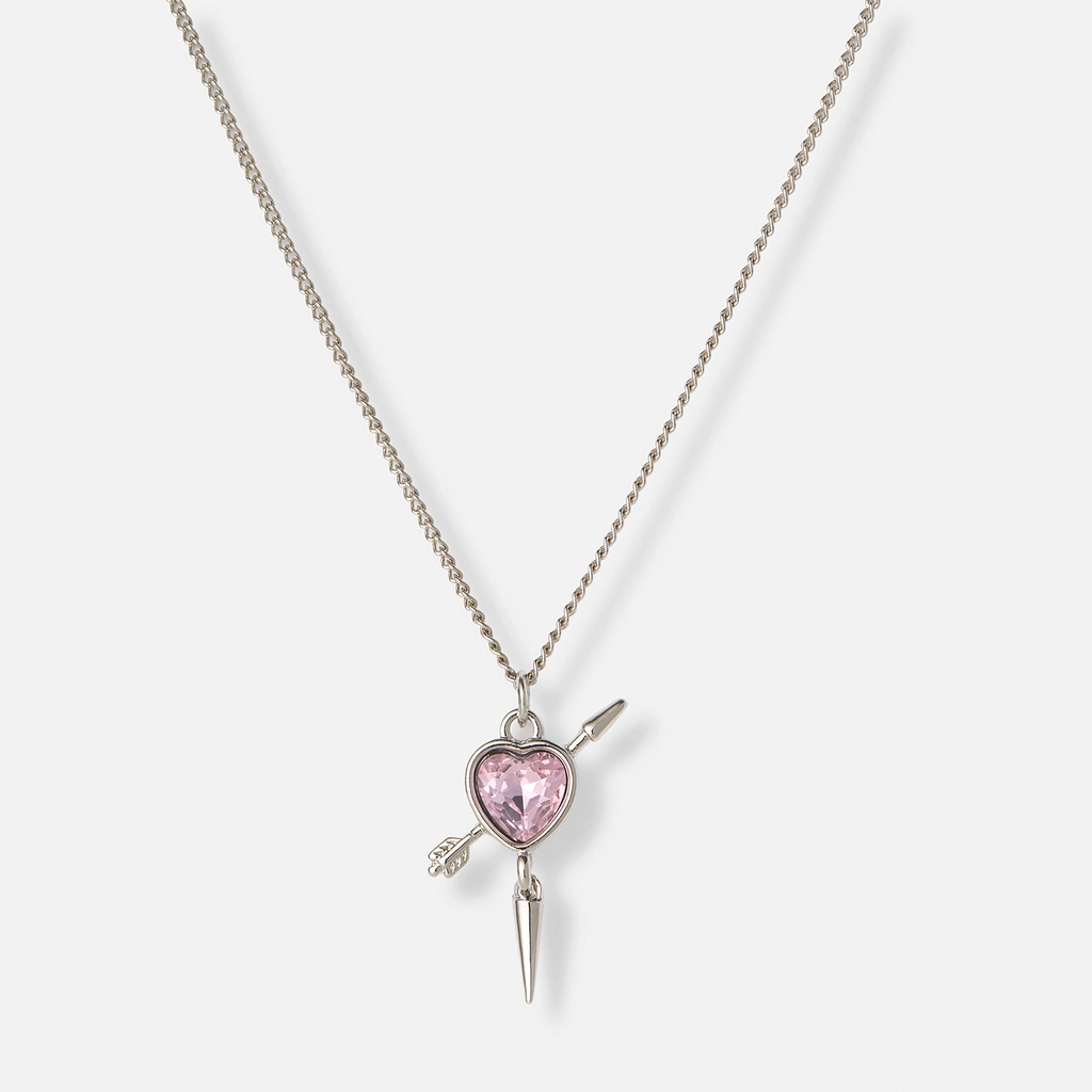 Silverfärgat halsband, rosa hjärta med nit - 42+7cm
