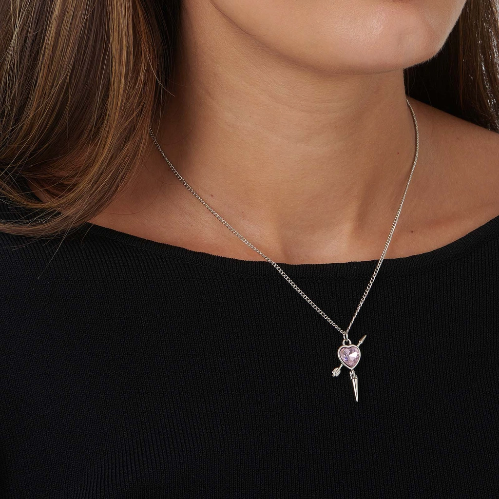 Silverfärgat halsband, rosa hjärta med nit - 42+7cm