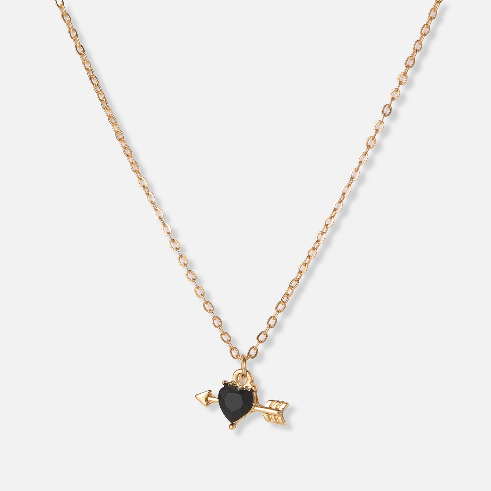 Guldfärgat halsband, svart hjärta med pil - 42+7cm