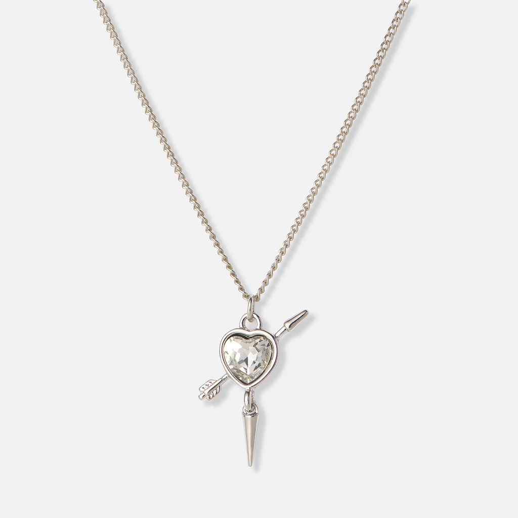 Silverfärgat halsband, vitt hjärta med nit - 42+7cm