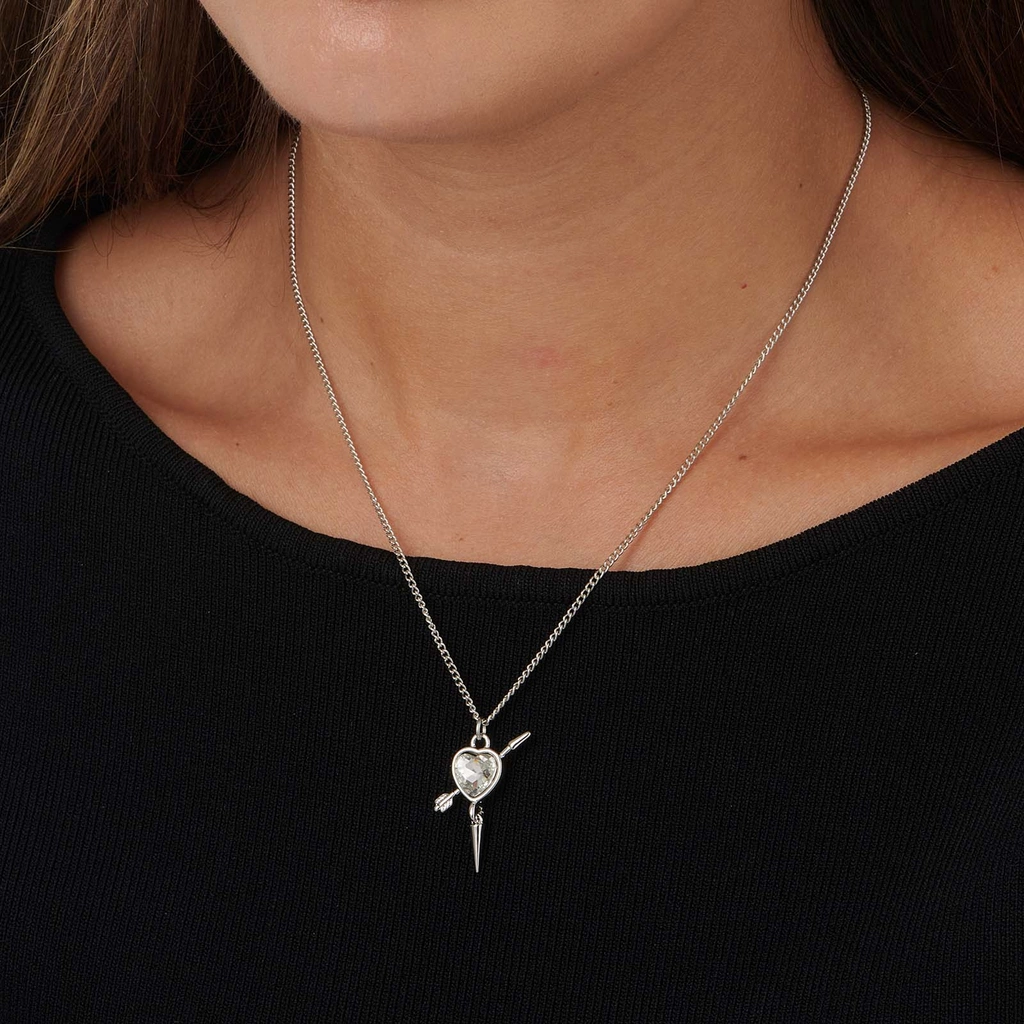 Silverfärgat halsband, vitt hjärta med nit - 42+7cm