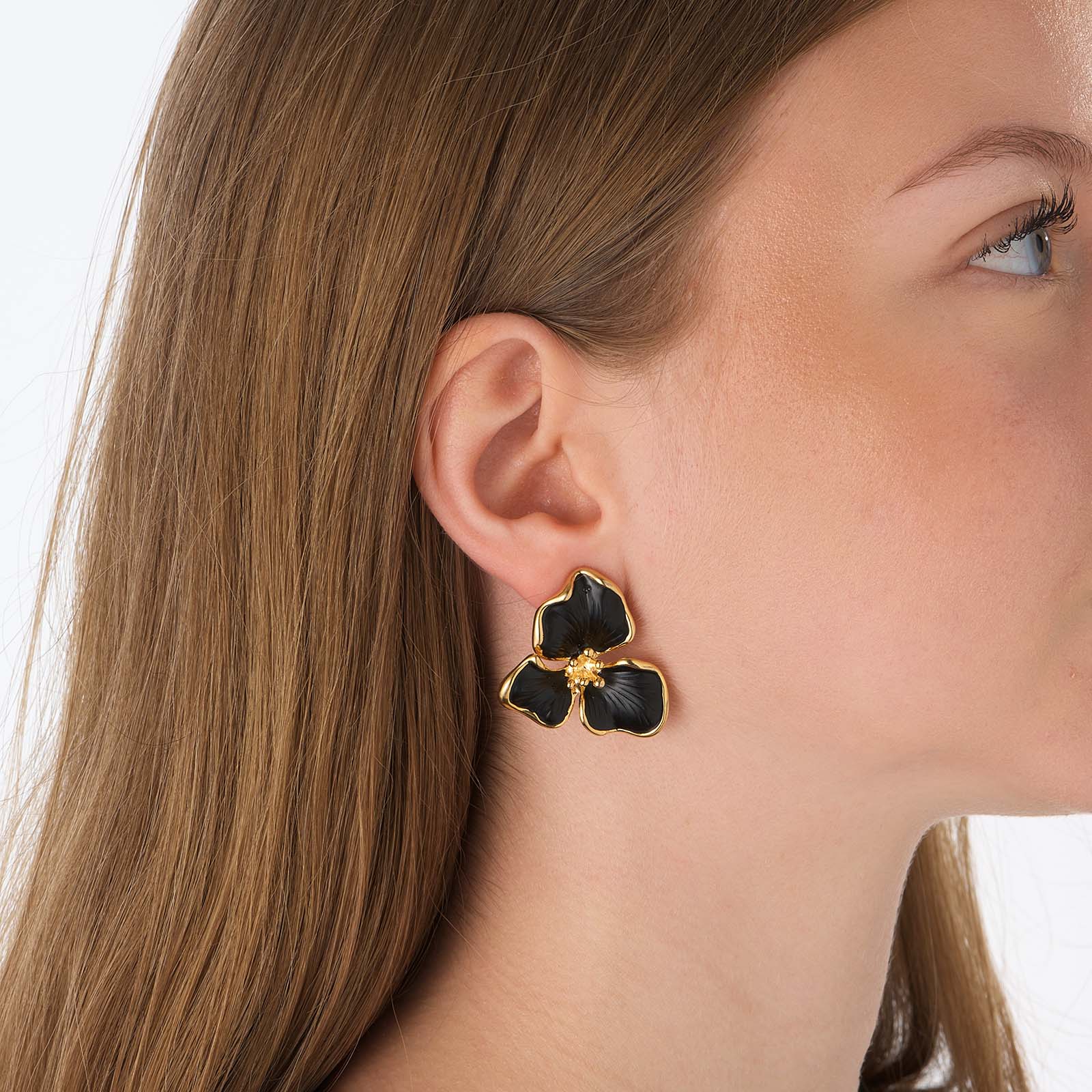 Guldfärgade örhängen, blommor med svarta blad - 30mm