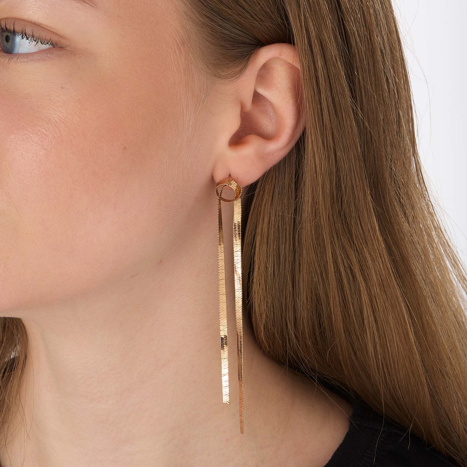 Guldfärgade långa örhängen, fiskbenskedja - 9cm