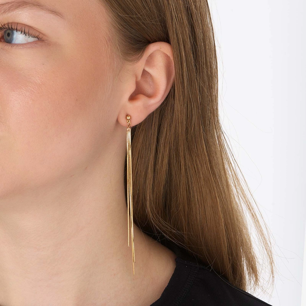 Guldfärgade långa örhängen, tre rader - 10cm