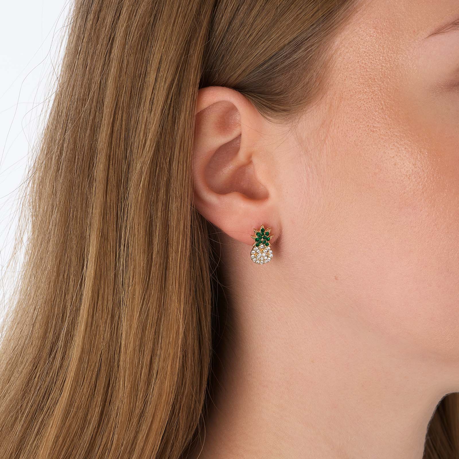 Guldfärgade örhängen, ananas med stenar - 10x15mm