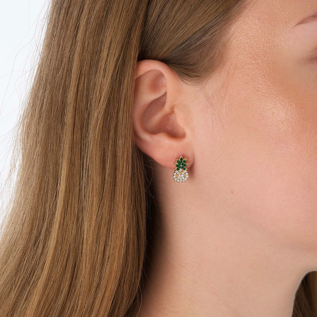 Guldfärgade örhängen, ananas med stenar - 10x15mm