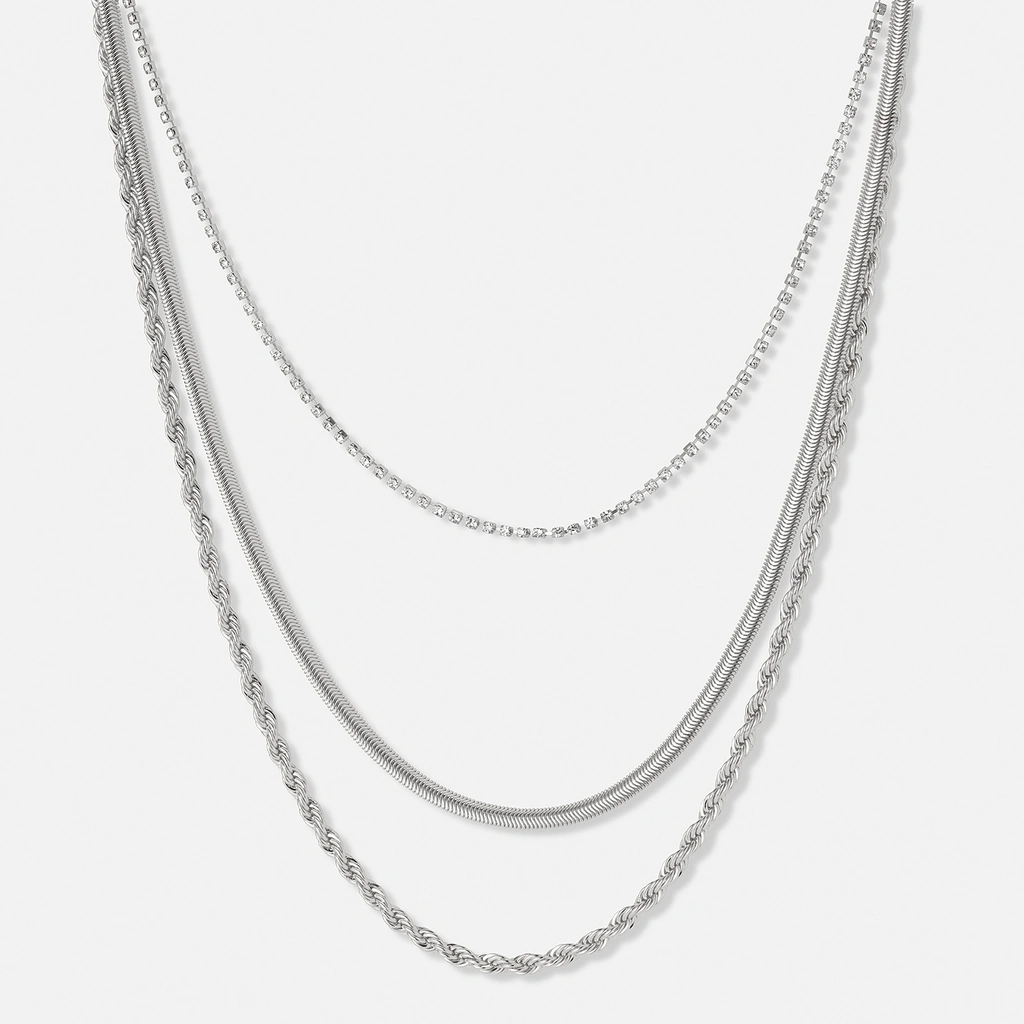 Treradigt silverfärgat halsband i olika stilar - 38+8cm