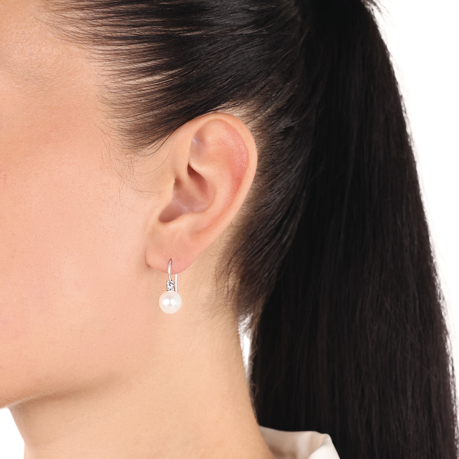 Silverörhängen, hängande syntetisk pärla - 22mm