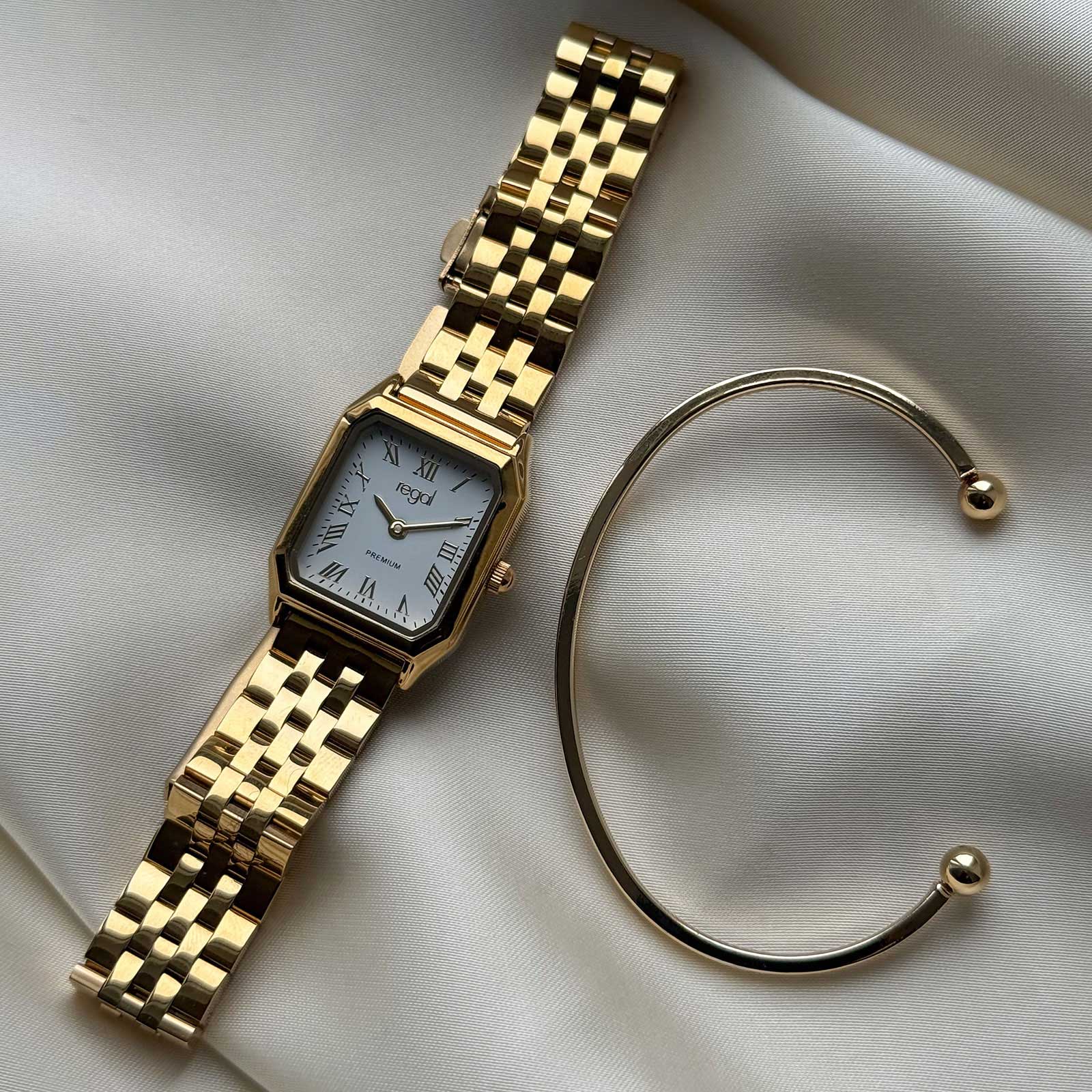 Regal klockset dam, rektangulär, vit/guld - 20x30 mm