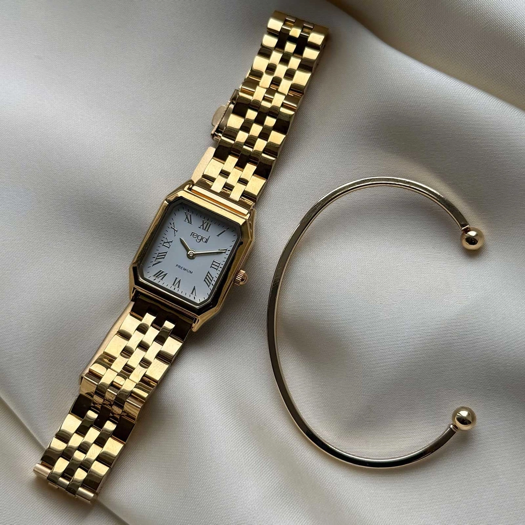 Regal klockset dam, rektangulär, vit/guld - 20x30 mm