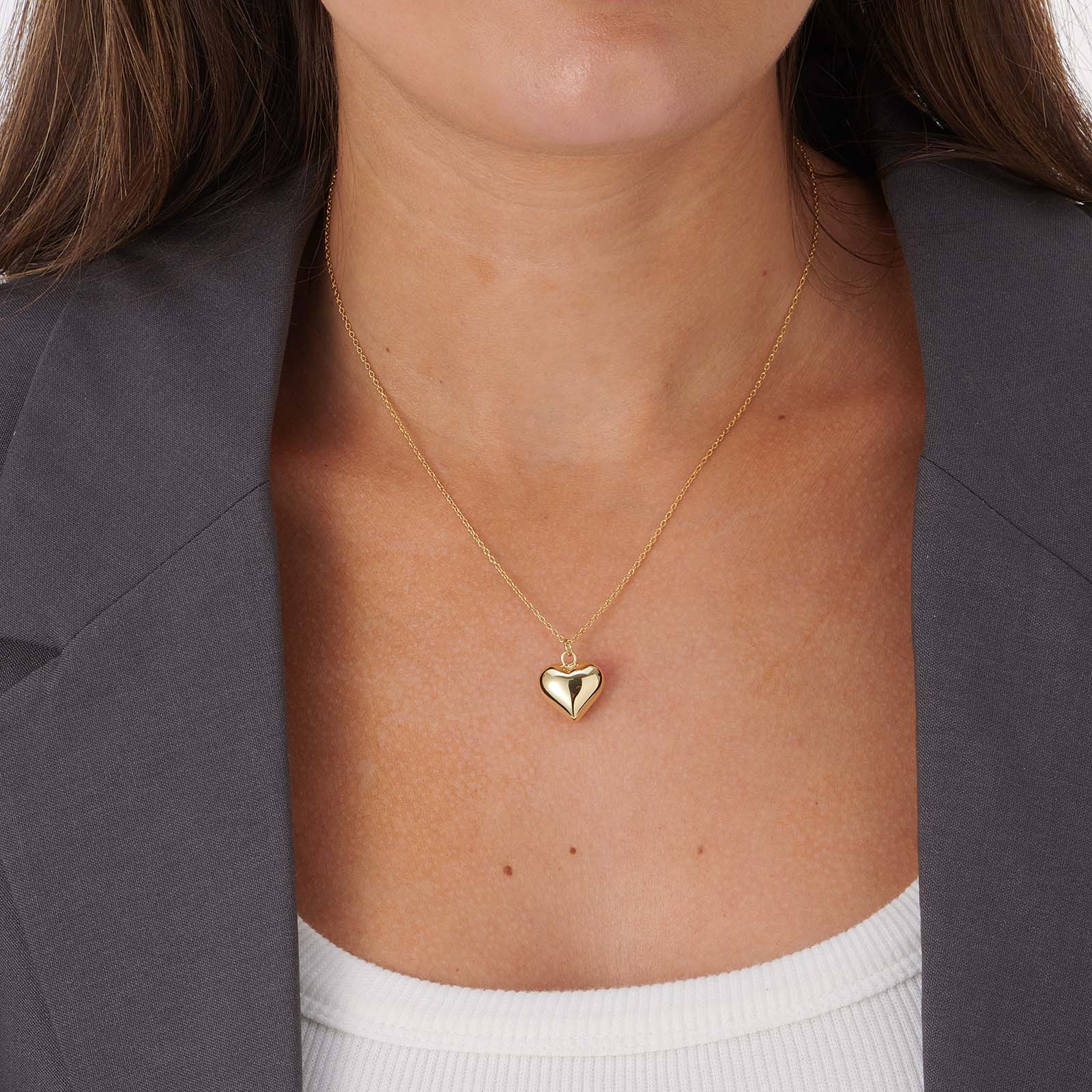 Guldpläterat silverhalsband, kedja med 14 mm hjärta - 42+3cm