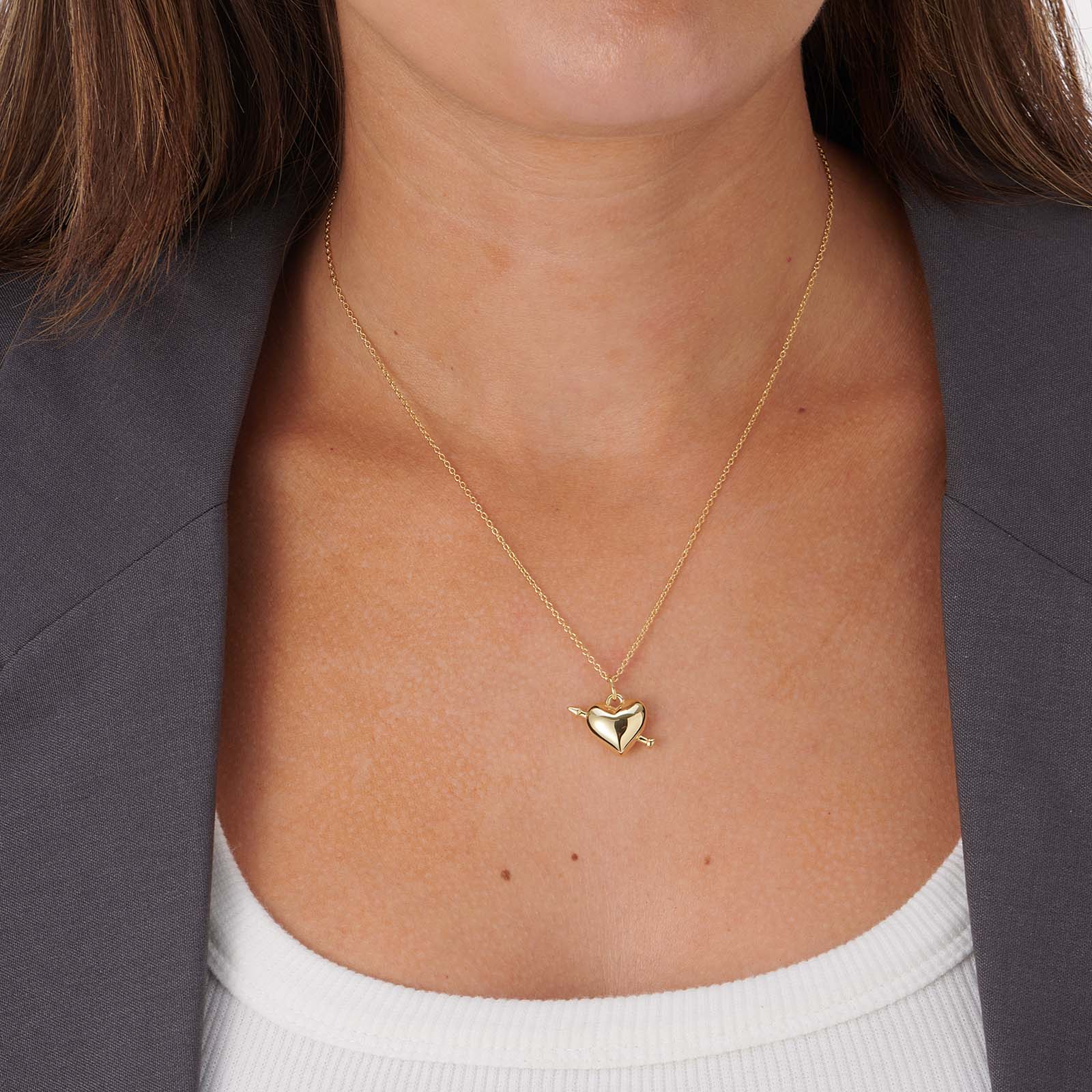 Guldpläterat silverhalsband, 17mm hjärta med pil - 42+3cm