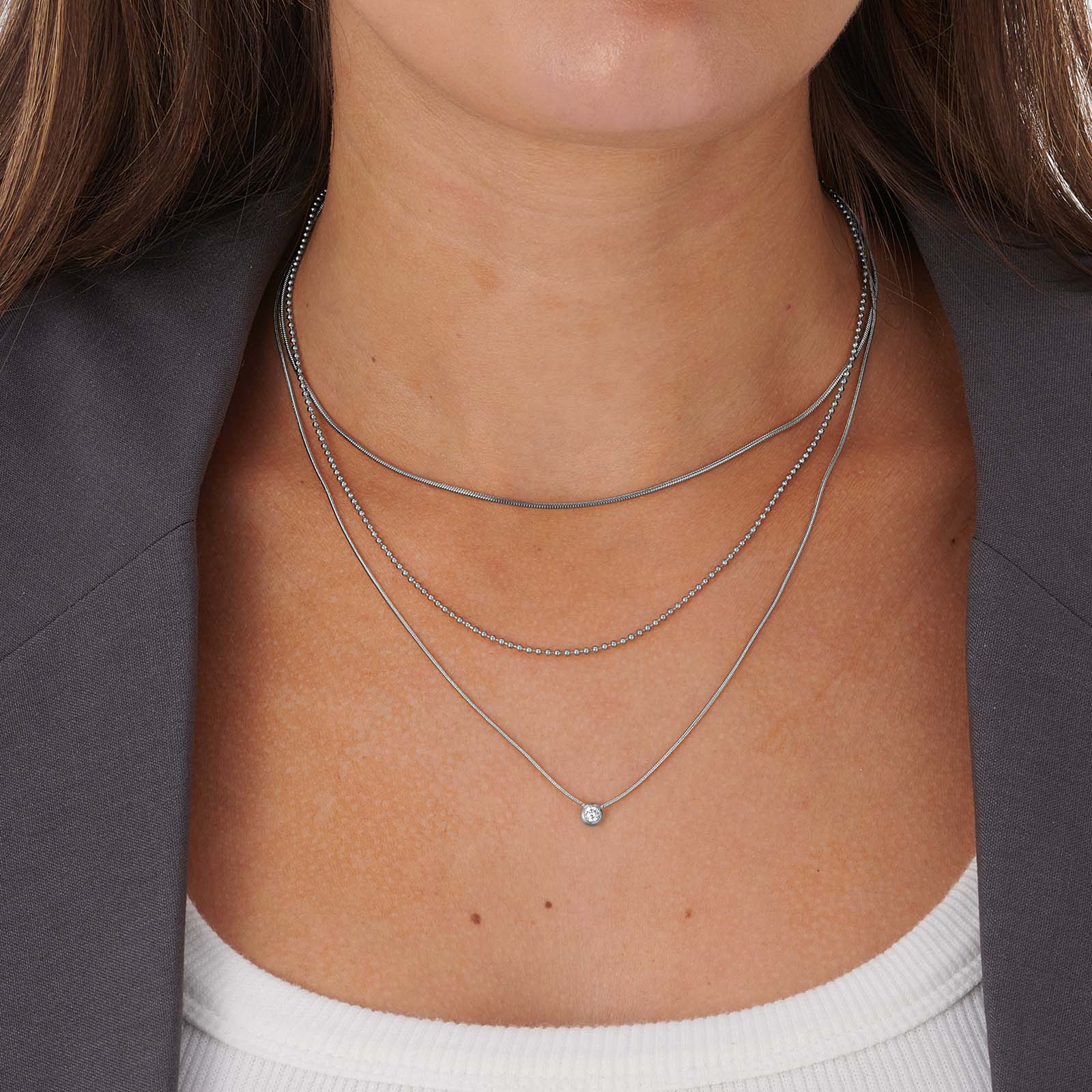 3-radigt stålhalsband med Kubisk Zirkonia - 35,5+5cm