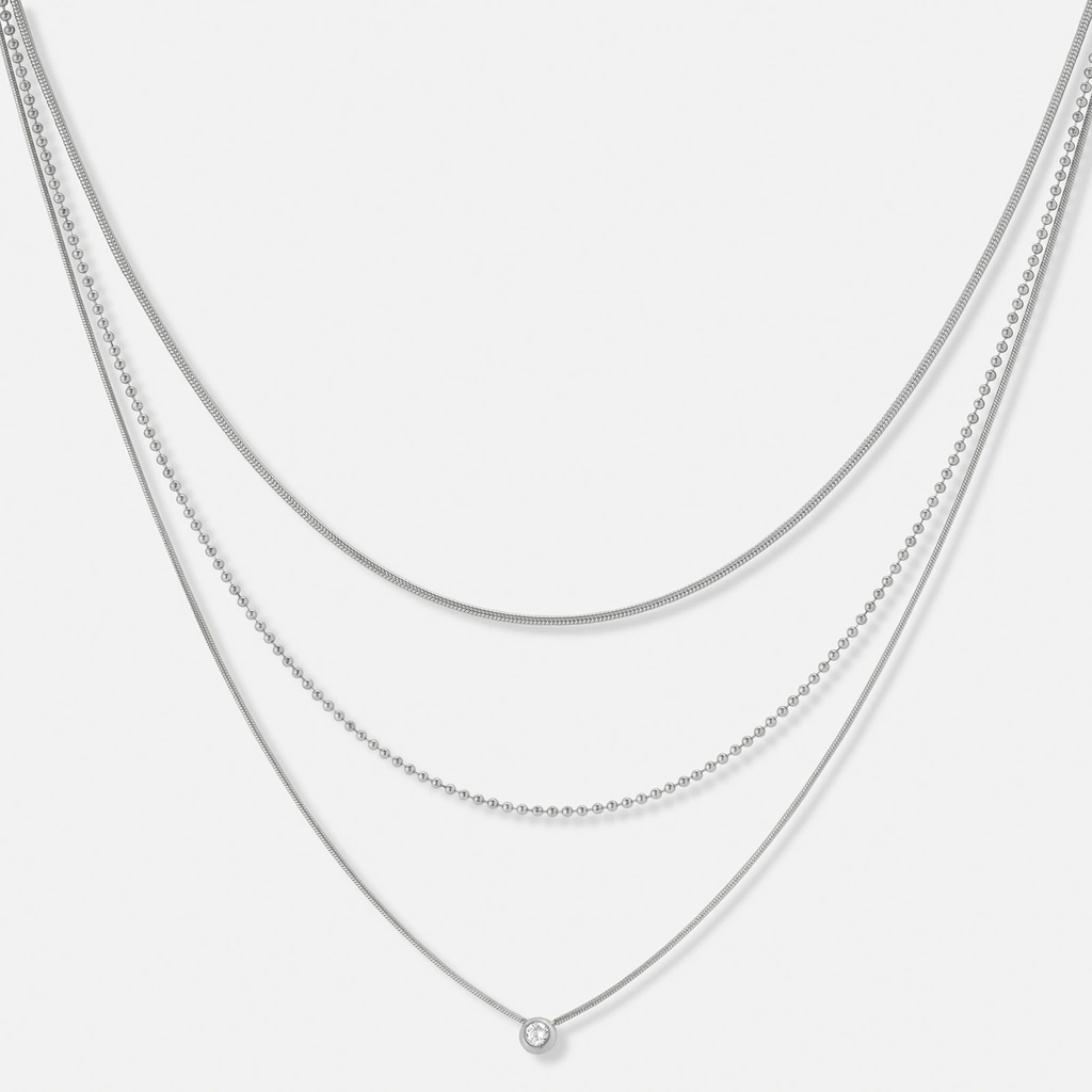 3-radigt stålhalsband med Kubisk Zirkonia - 35,5+5cm