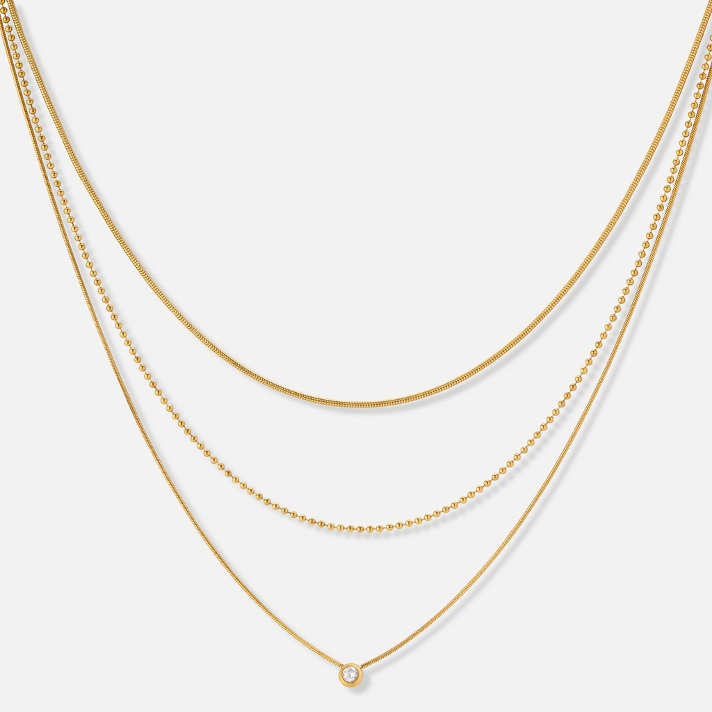 3-radigt guldpläterat stålhalsband, Kubisk Zirkonia - 35,5+5cm