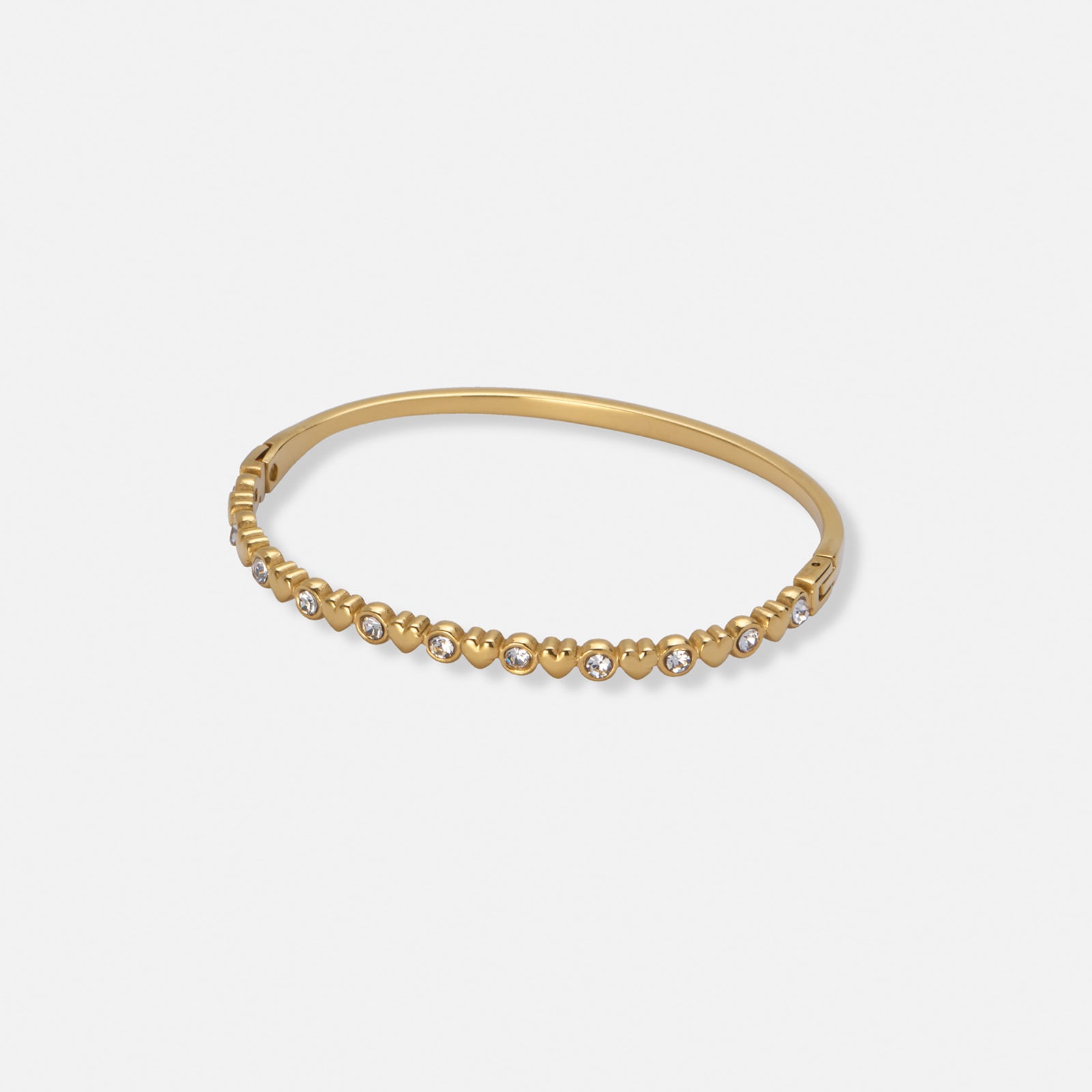 Guldpläterat stålarmband, bangle med hjärtan och stenar