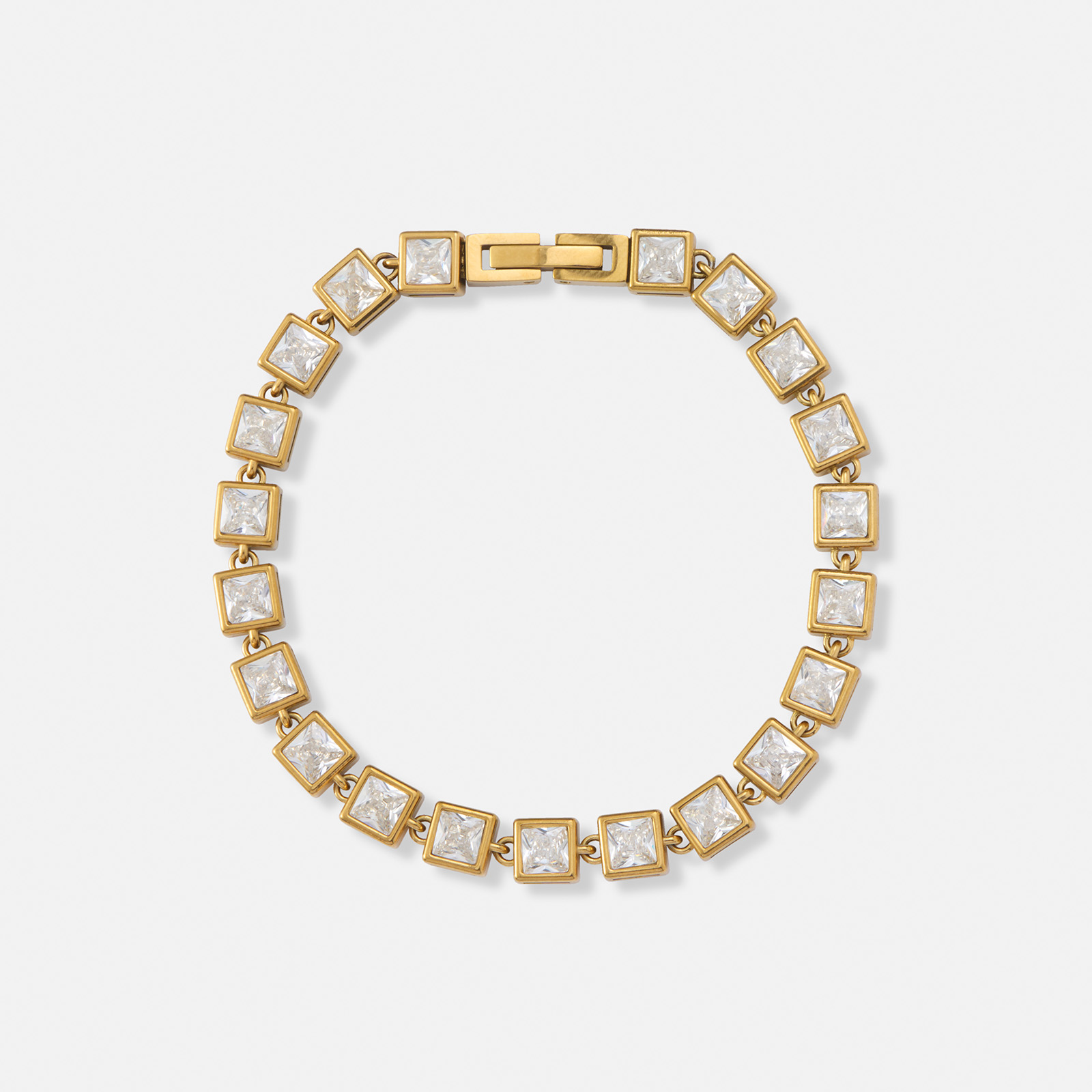 Guldpläterat stålarmband med kvadratiska Kubisk Zirkonia - 17,5cm