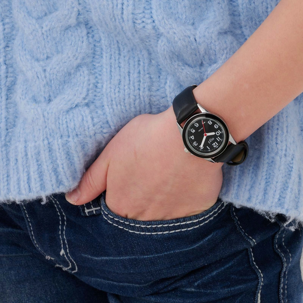 Regal barnklocka, svart tavla & läderband - 29mm