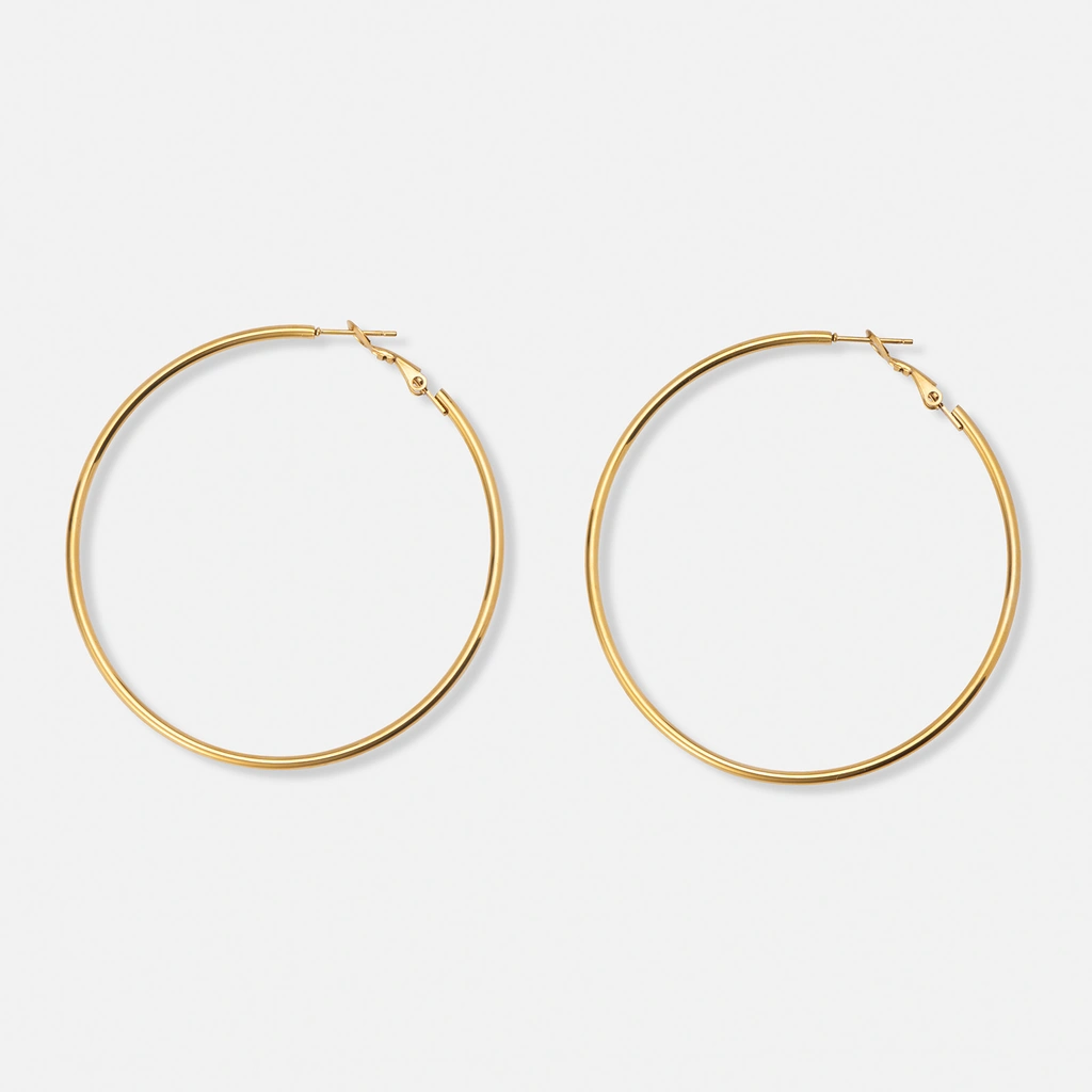 Guldpläterade stålörhängen, runda hoops - 60mm