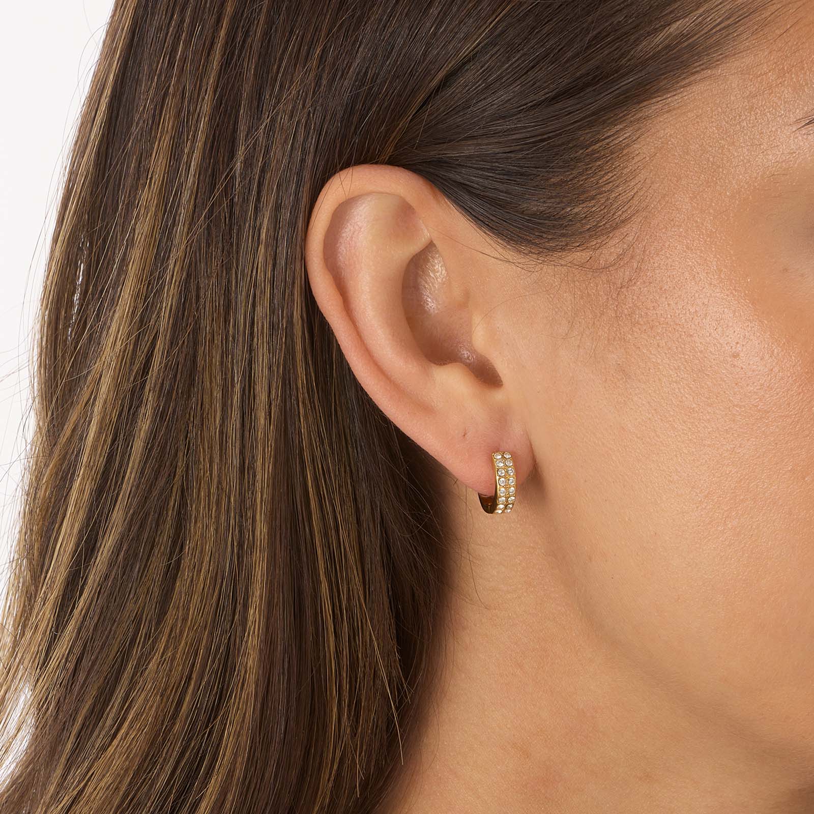 Guldpläterade stålörhängen, hoops med 2 rader Kubisk Zirkonia - 14mm