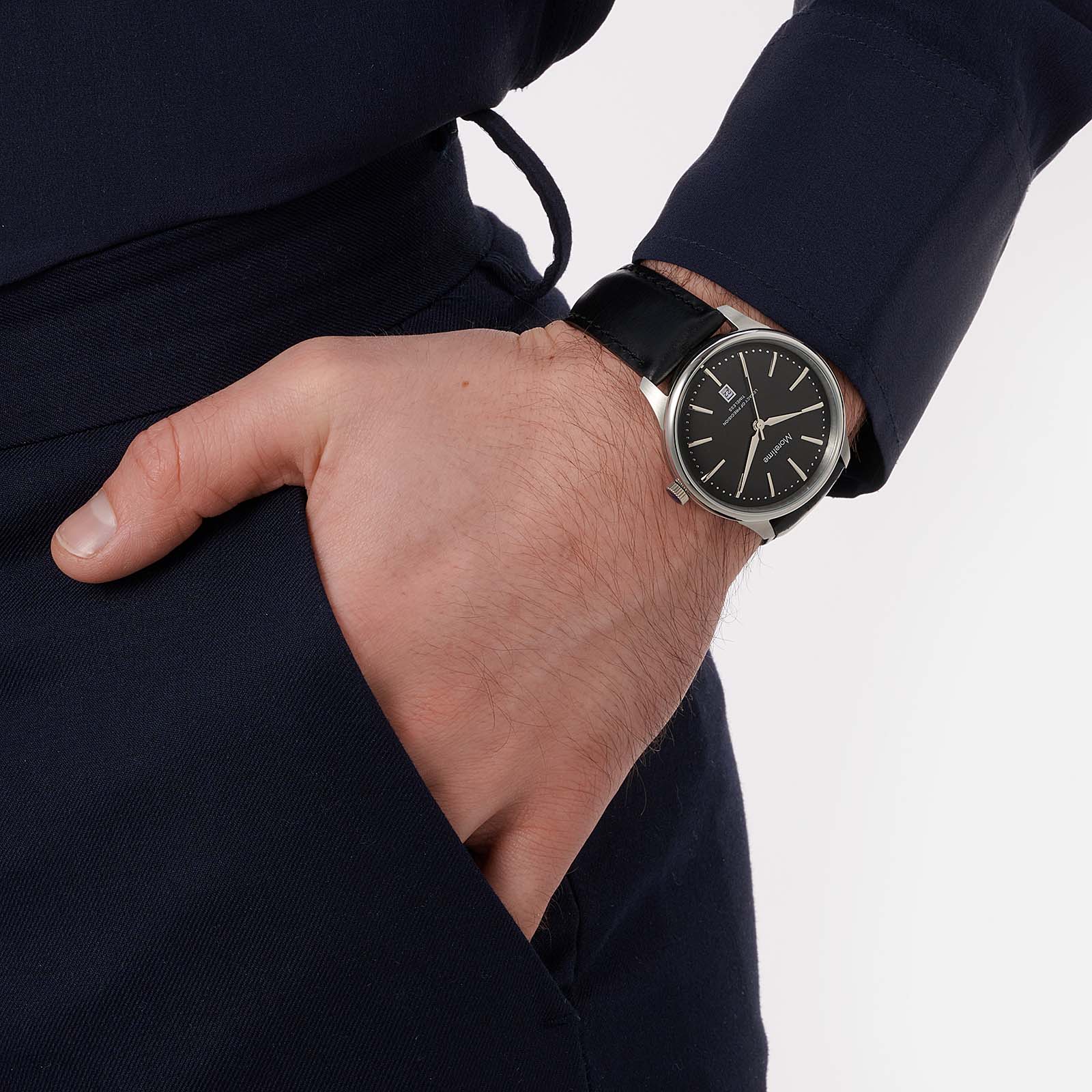 Moretime herrklocka läderband svart/svart - 40 mm