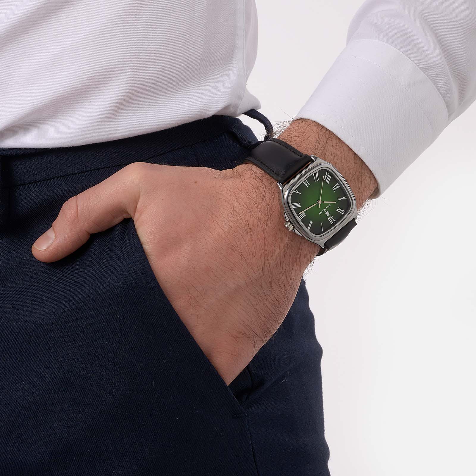 Black Oak Valente fyrkantig, läder svart/grön - 38mm