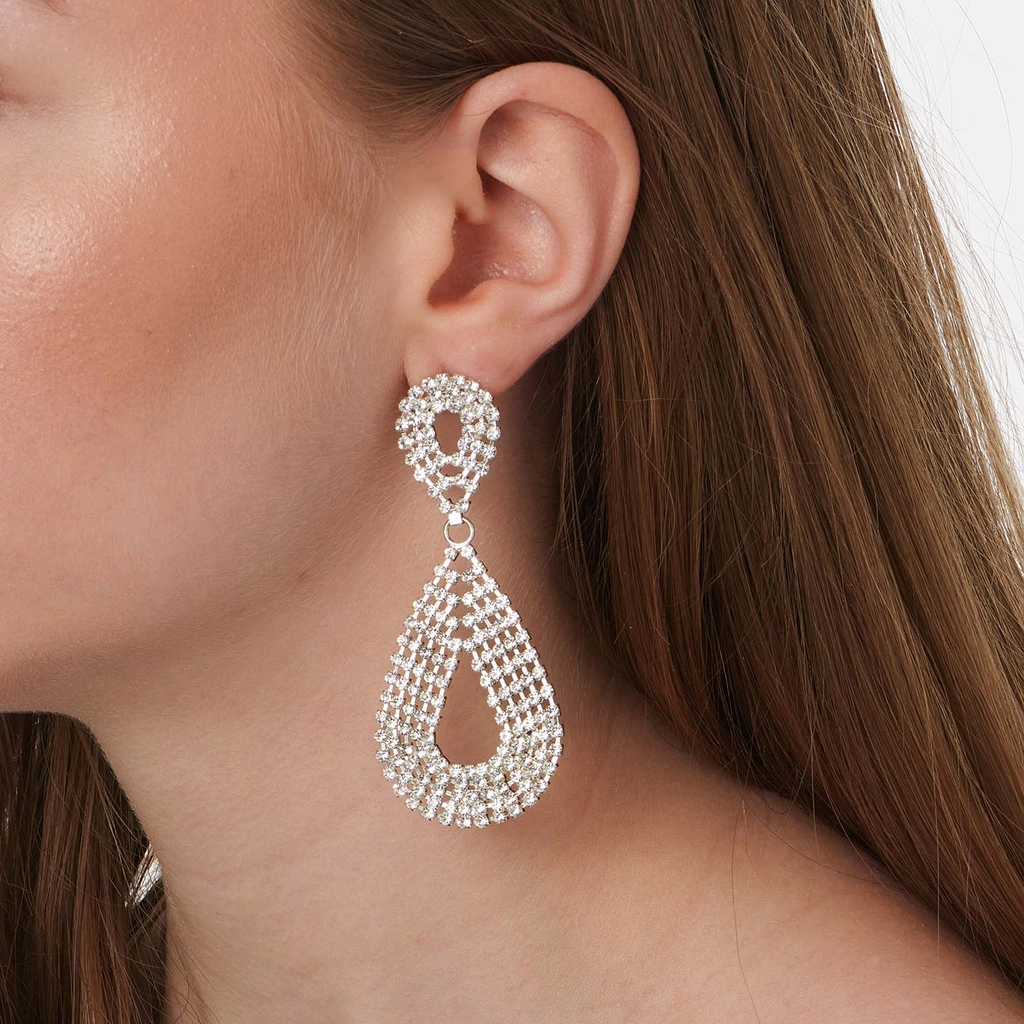 Silverfärgade örhängen Red Carpet, öppna droppar med strass - 8cm