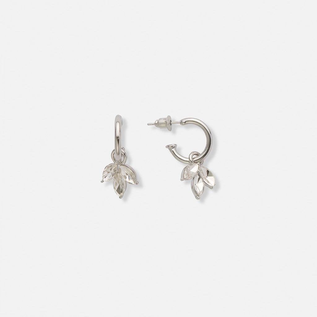 Silverfärgade örhängen, hängande blad med glasstenar - 2,5 cm