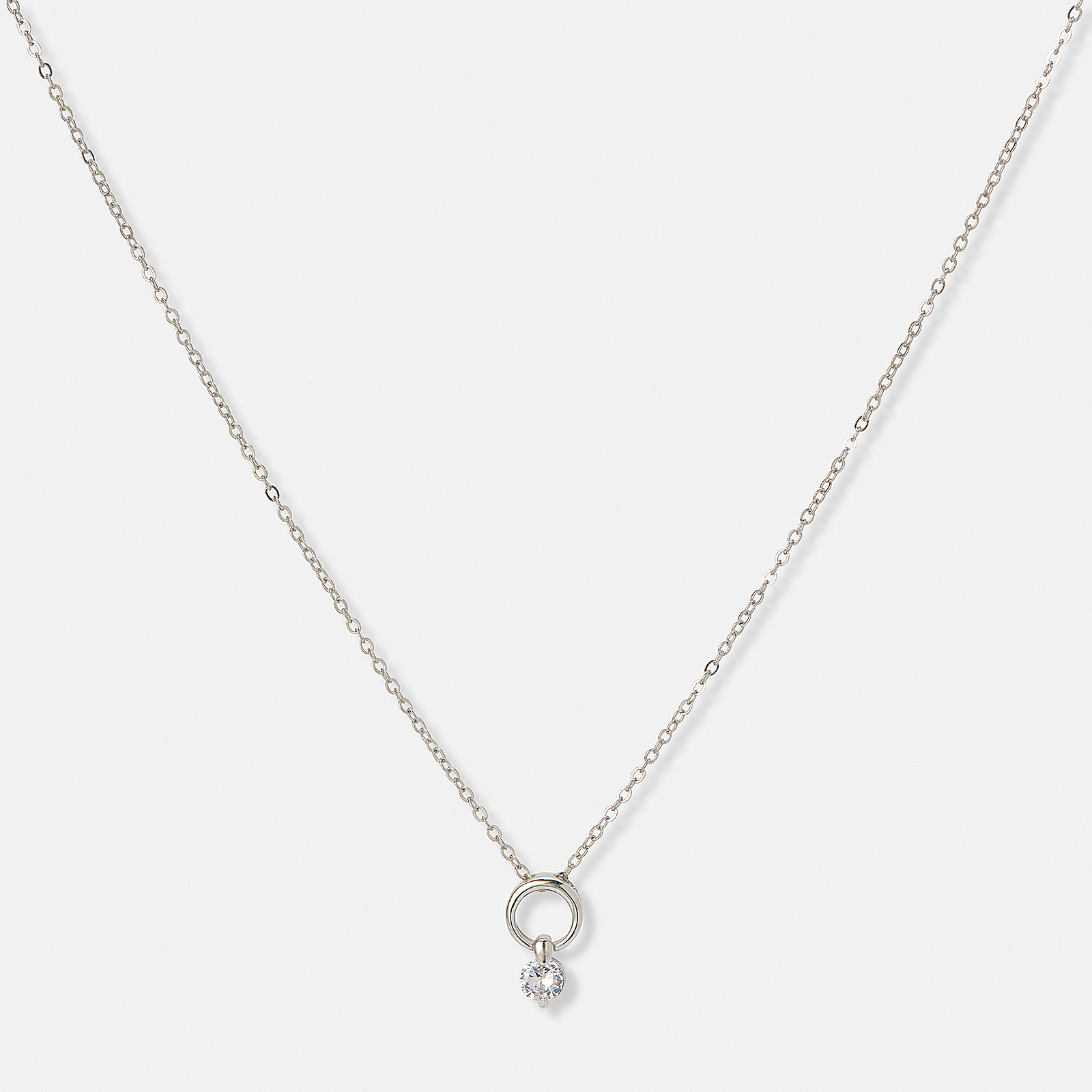 Silverfärgat halsband, cirkel med hängande kristall – 42+7 cm