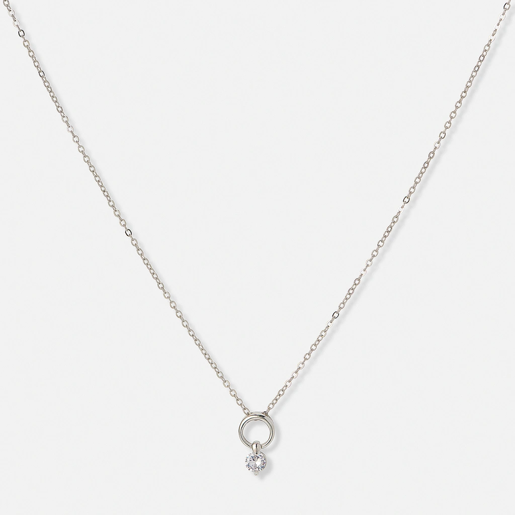 Silverfärgat halsband, cirkel med hängande kristall – 42+7 cm