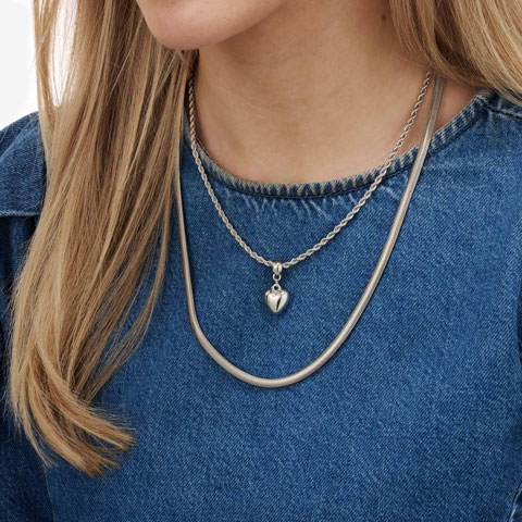 Silverfärgat halsband, två rader, 50+5cm