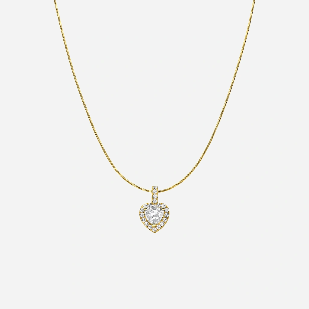 Halsband i guldpläterat silver - hjärta halo med Kubisk Zirkonia 45 cm