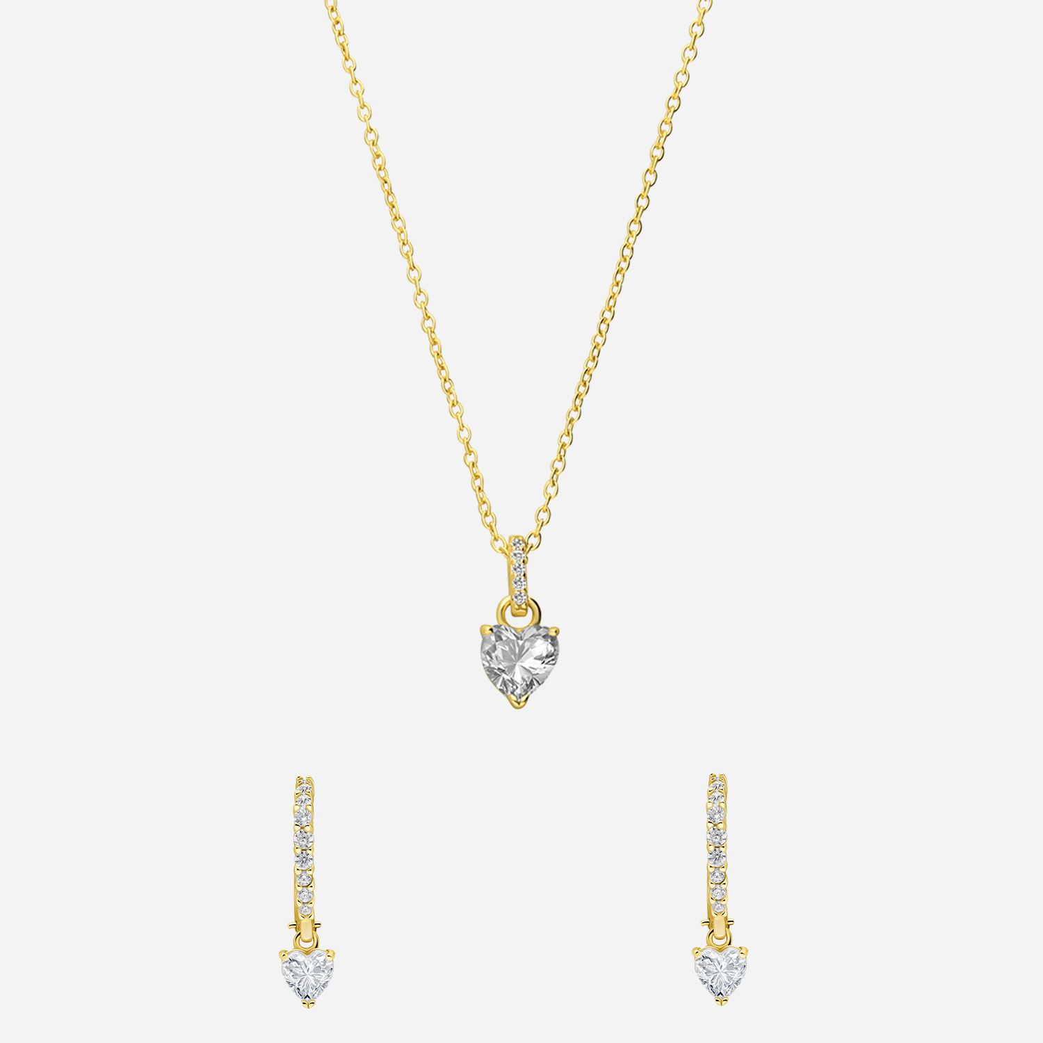 Set i guldpläterat silver, halsband och örhängen med hjärtan