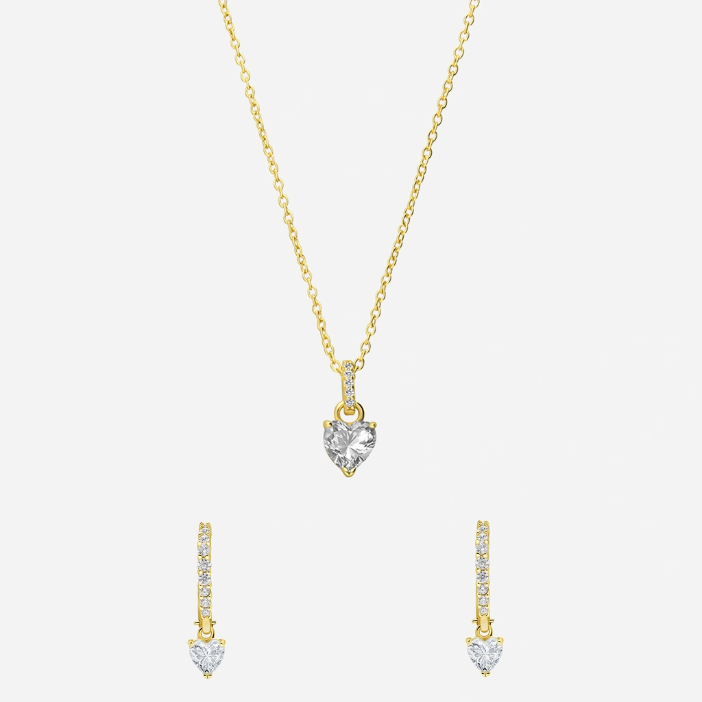 Set i guldpläterat silver, halsband och örhängen med hjärtan