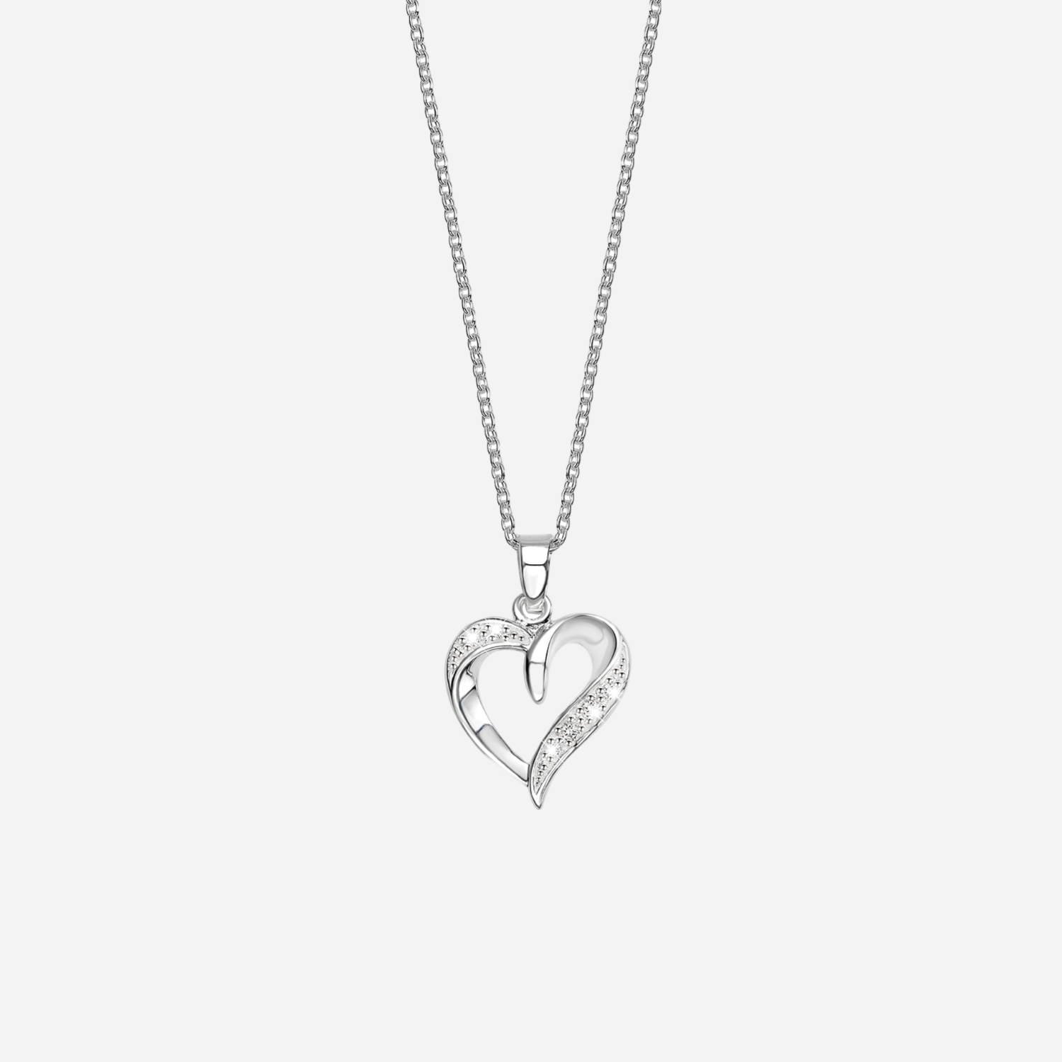 Halsband i rhodinerat silver - hjärta i Kubisk Zirkonia, 42+3 cm