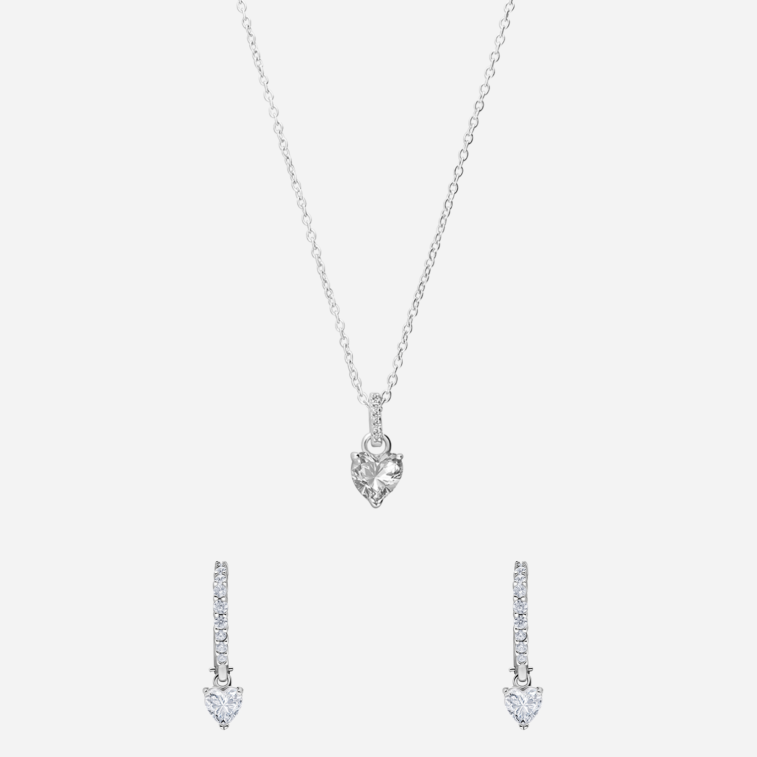 Set i rhodinerat silver, halsband och örhängen med hjärtan