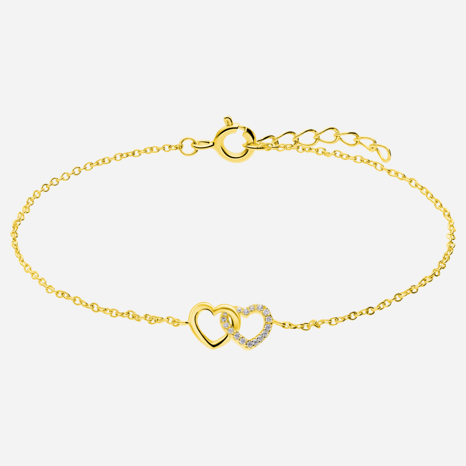 Guldpläterat silverarmband med sammanlänkade hjärtan - 16+2 cm.