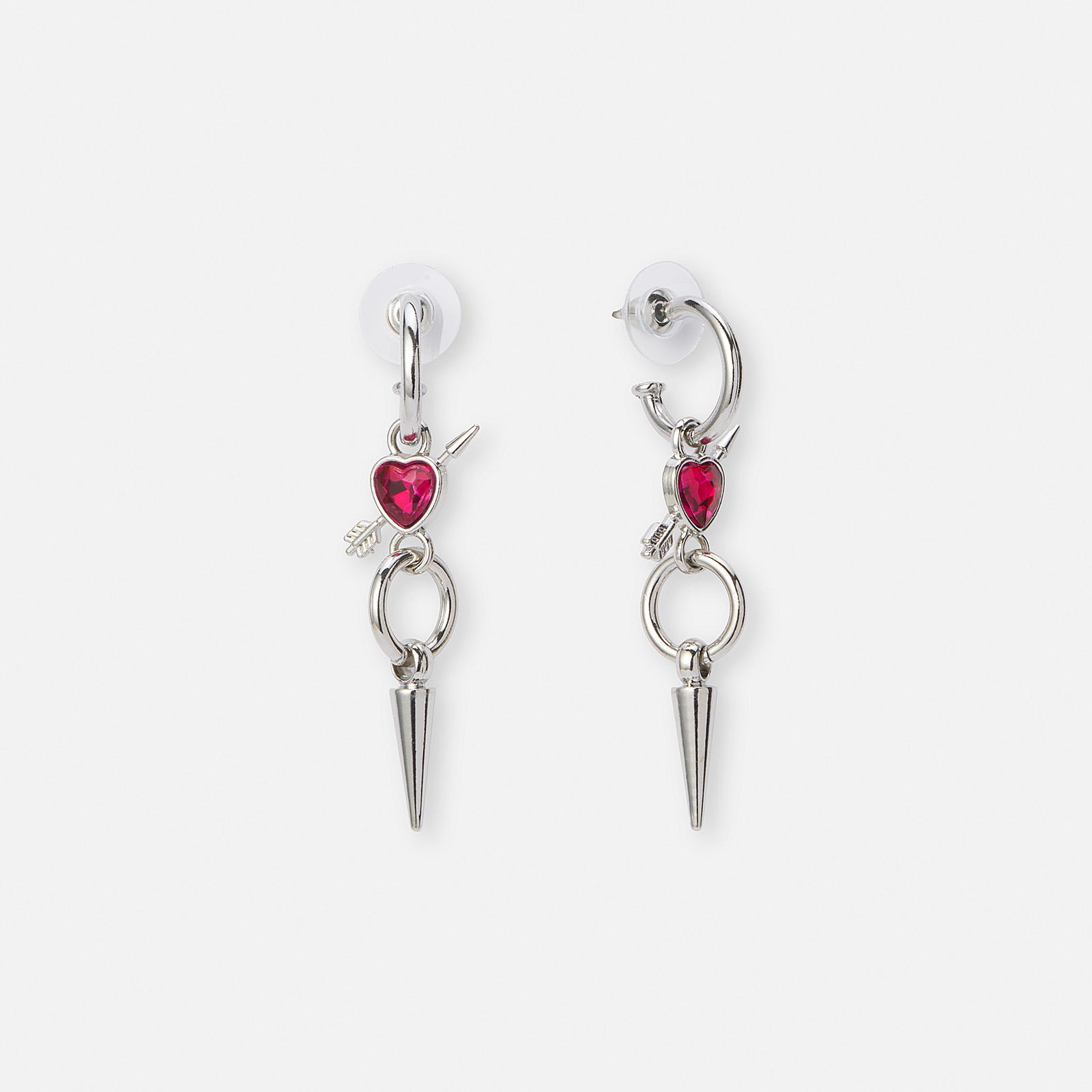 Silverfärgade örhängen, fuchsia hjärta med pil - 50mm