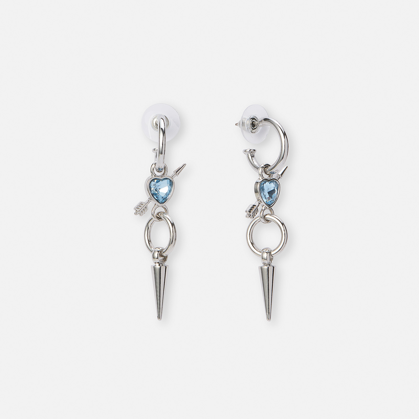 Silverfärgade örhängen, ljusblått hjärta med pil - 50mm