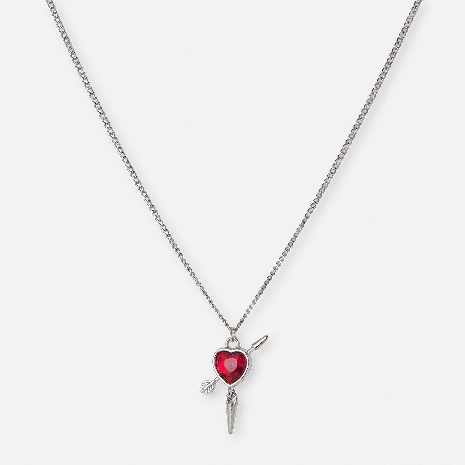 Silverfärgat halsband, fuchsia hjärta med nit - 42+7cm