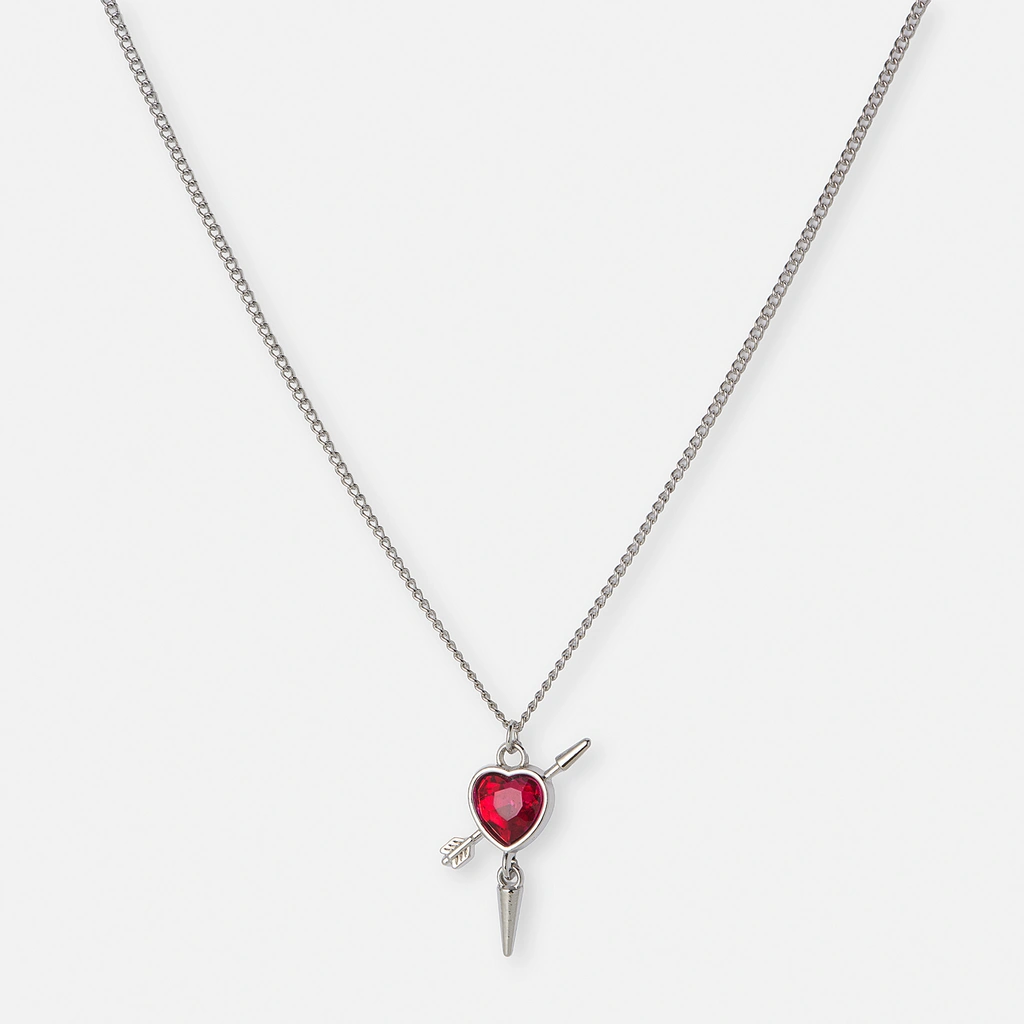 Silverfärgat halsband, fuchsia hjärta med nit - 42+7cm