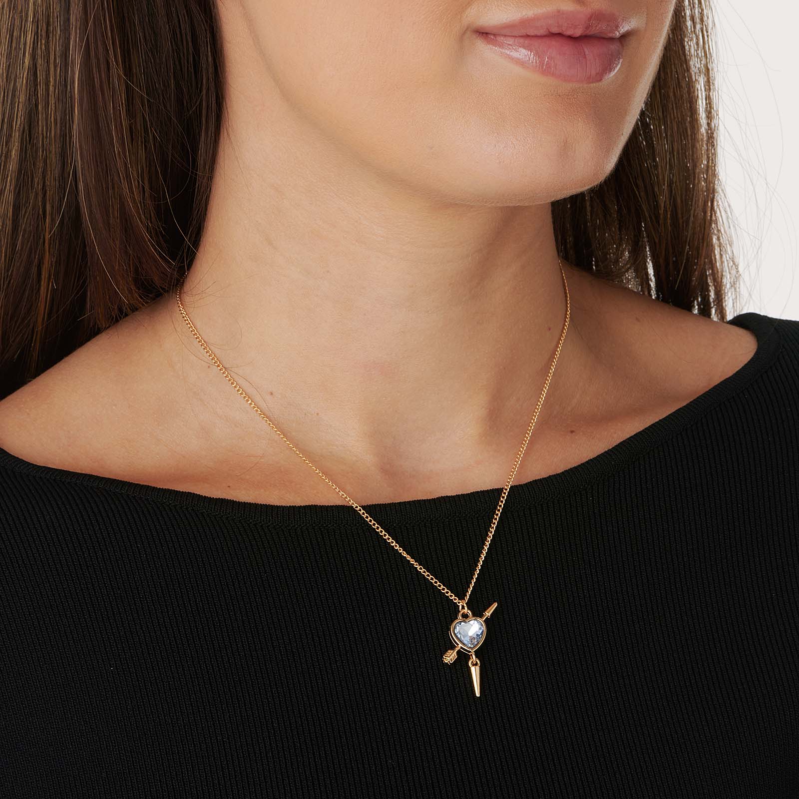 Guldfärgat halsband, ljusblått hjärta med nit - 42+7cm